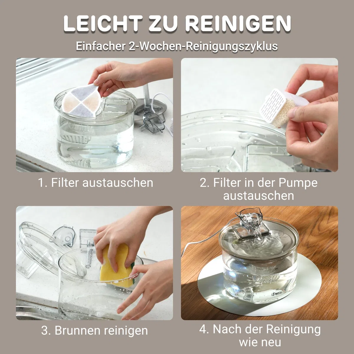 iPettie G01 Glas Katzenbrunnen, Trinkbrunnen für Katzen und Hunde 2L/68oz mit 2 Sprühaufsätzen, 3-stufiger Filtration, Automatischer Wasserspender aus Glas & Edelstahl