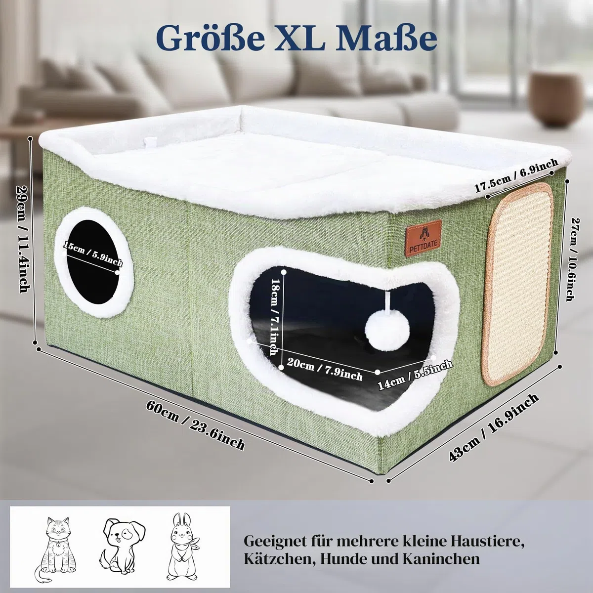 Extra Große Katzenhaus Indoor, 2-stöckige Kuschelhöhle mit Kratzbrett und Spielball, Katzenhöhle für Katzen, Ideal für Mehrere Kleine Haustiere und Große Kätzchen, Grün