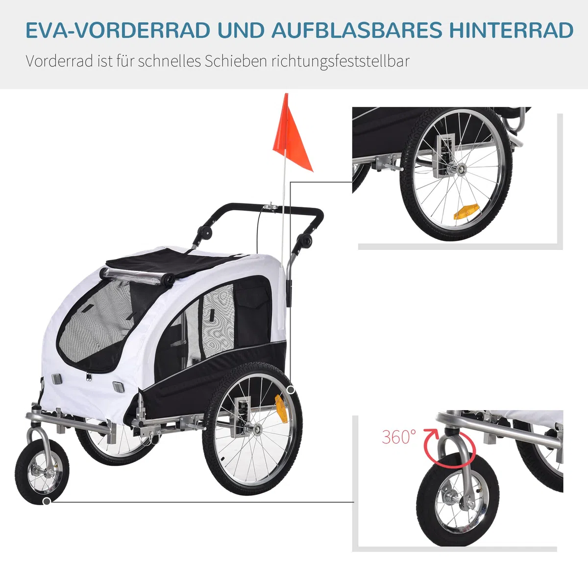 PawHut 2-in-1 Hundeanhänger, Fahrradanhänger für Hunde, Hundewagen mit Reflektoren, Fahne, Hundefahrradanhänger Hundebuggy, Oxford-Gewebe