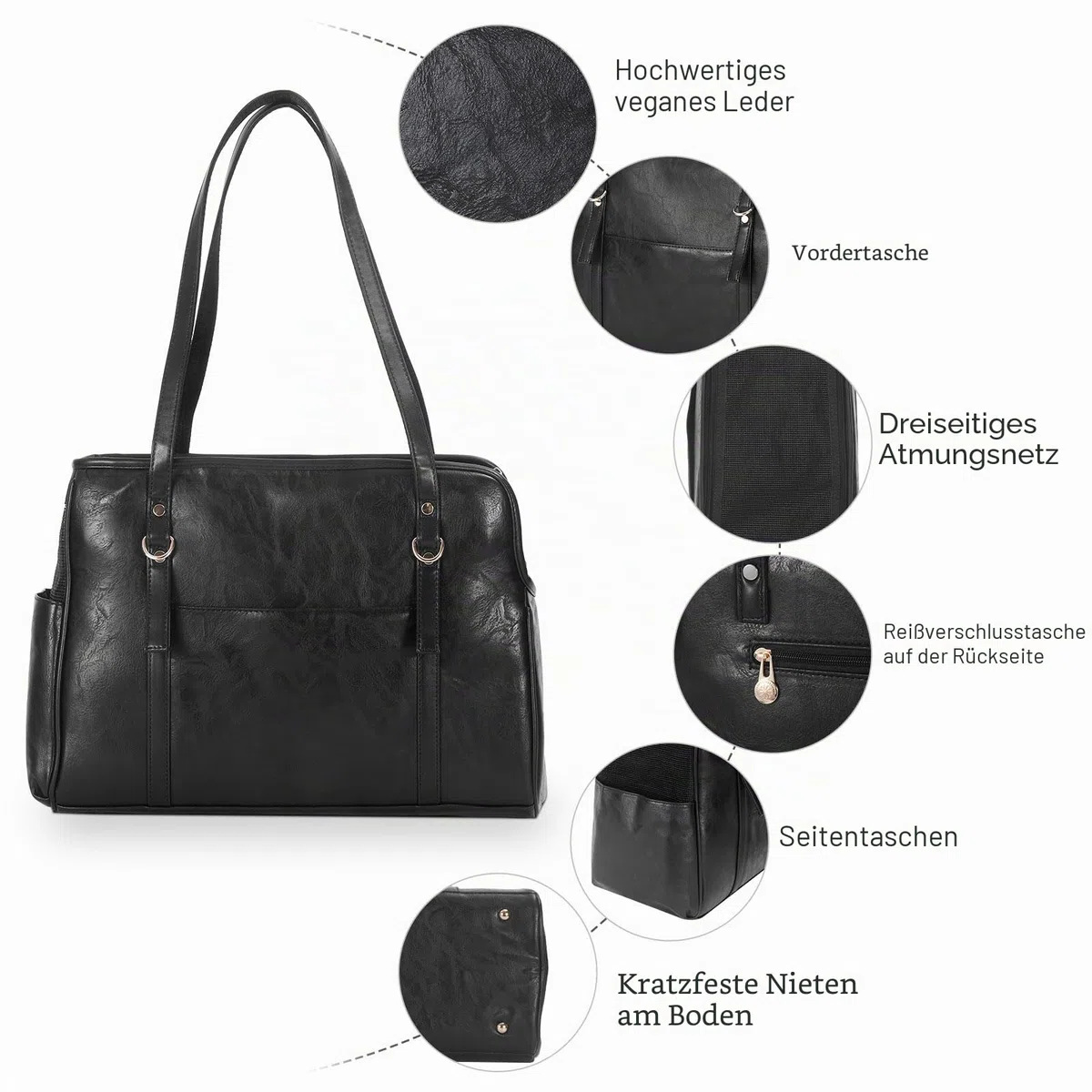 Lasaviin Hundetragetasche, modische Leder-Haustier-Tragetasche mit Taschen, von Fluggesellschaften zugelassen, weiche Seiten, für Welpen, Katzen, Hunde, Schwarz