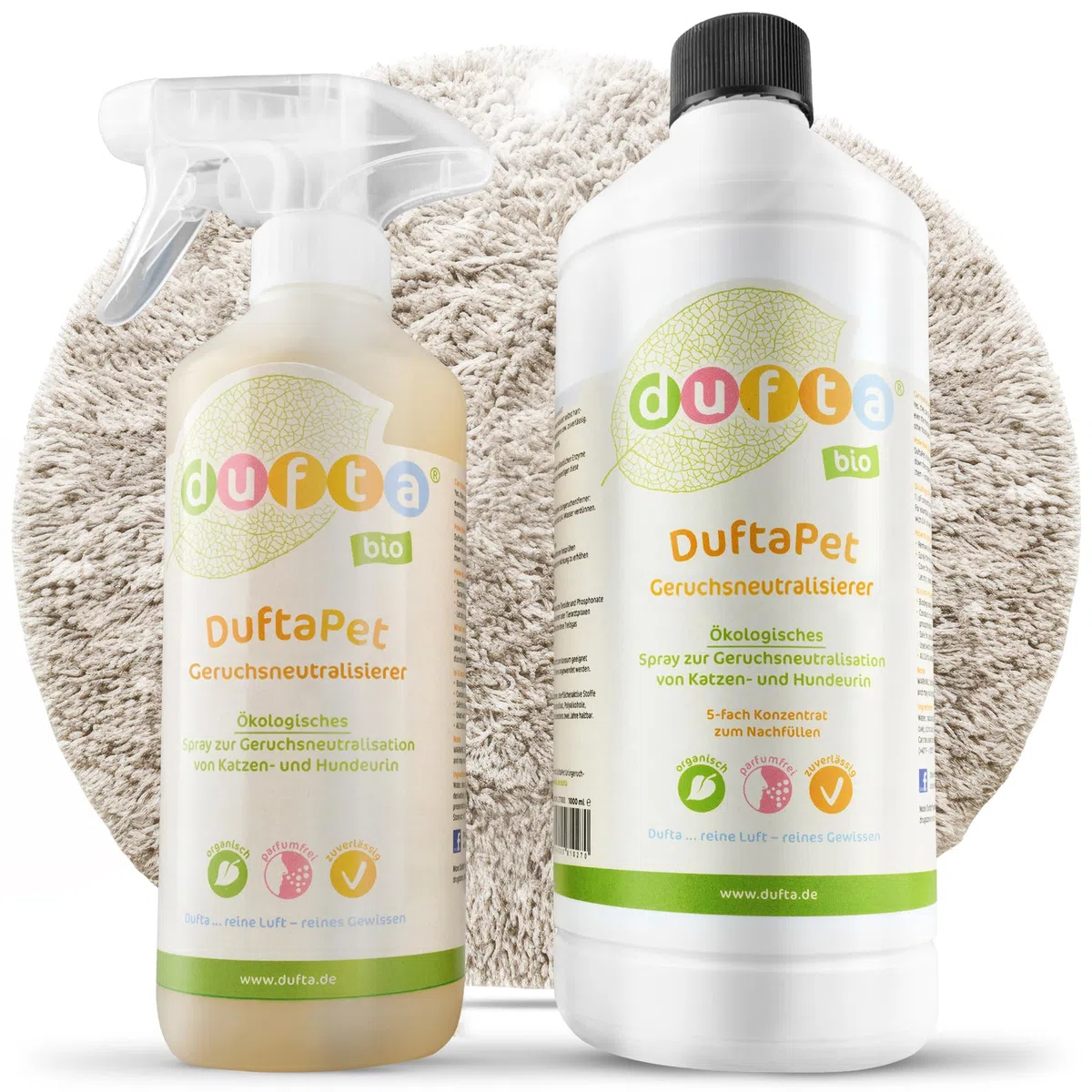 DuftaPet Geruchsneutralisierer Set 1x500ml und 1x1l Konzentrat=10x500ml gegen Tiergerüche, Urin & Erbrochenes – Ideal für Teppiche, Polster, Böden & Tierbereiche – Bis zu 10 Flaschen Spray