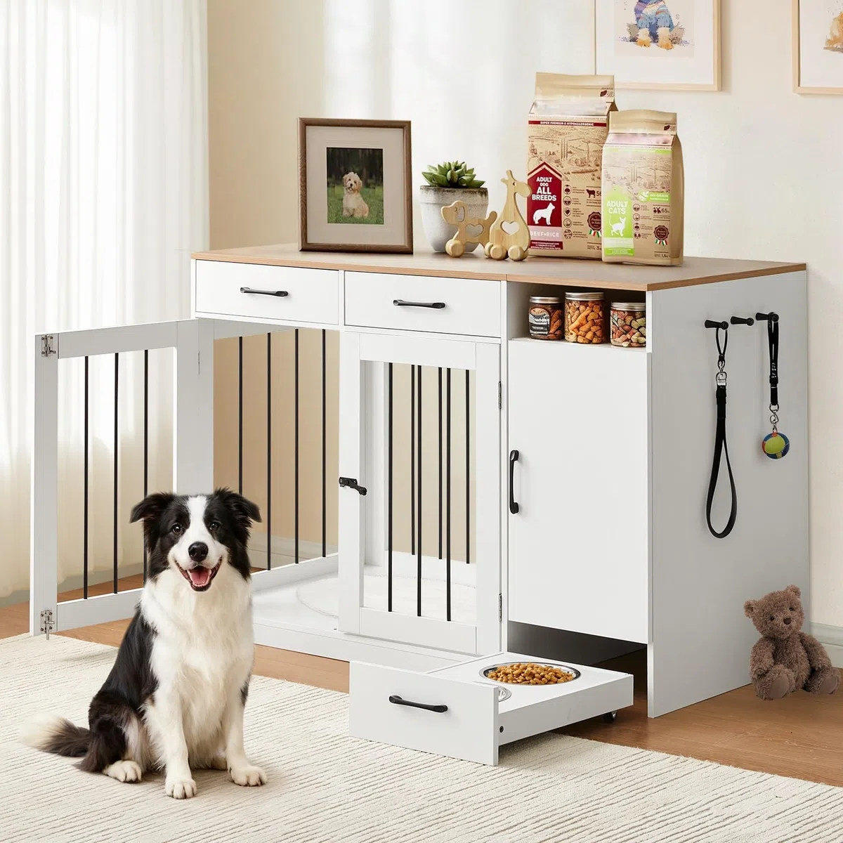 TUKAILAi Hundebox im Möbeldesign mit Futterstation, Robuster Hundekäfig mit Schubladen, Schrank und erhöhten Näpfen für kleine & mittlere Hunde