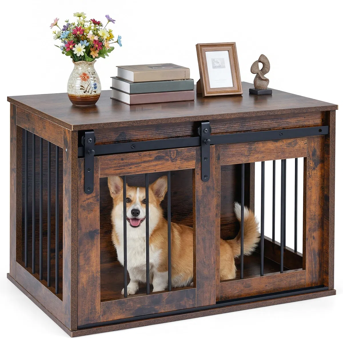 COSTWAY Hundekäfig Möbel, 80 cm Hundebox mit Schiebetür & Metallrahmen, Hundeschrank Holz für Wohnzimmer, Schlafzimmer & Flur, dekorativer Beistelltisch für kleine & mittelgroße Hunde (Rustikal Braun)