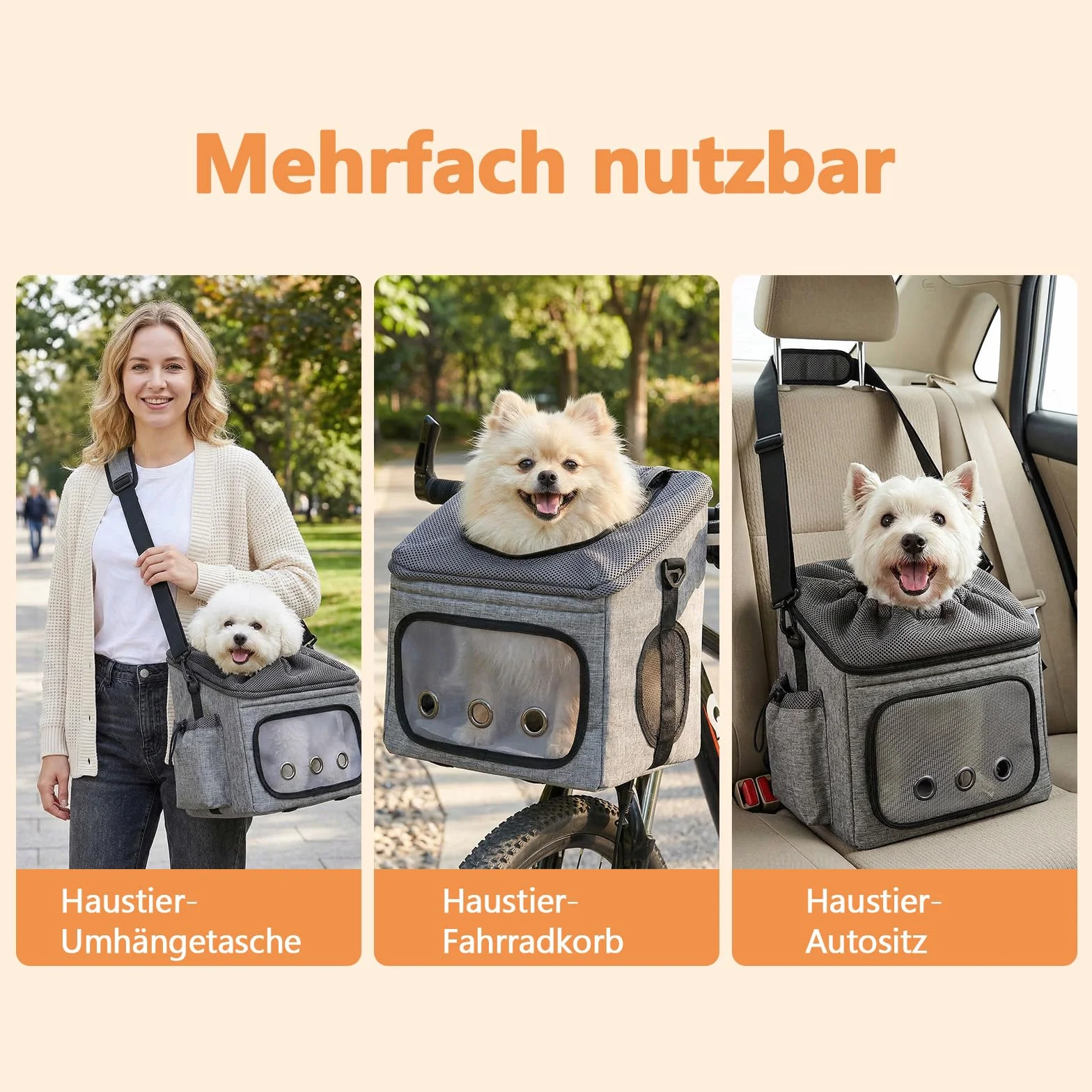 Ownpets Hundekorb Fahrrad Vorne bis 8kg, Faltbarer Hundefahrradkorb mit Sicherheitsseil, atmungsaktiver Fahrradkorb für Hunde – 3 in 1 als Autositz & Schultertasche mit verstellbarem Schultergurt