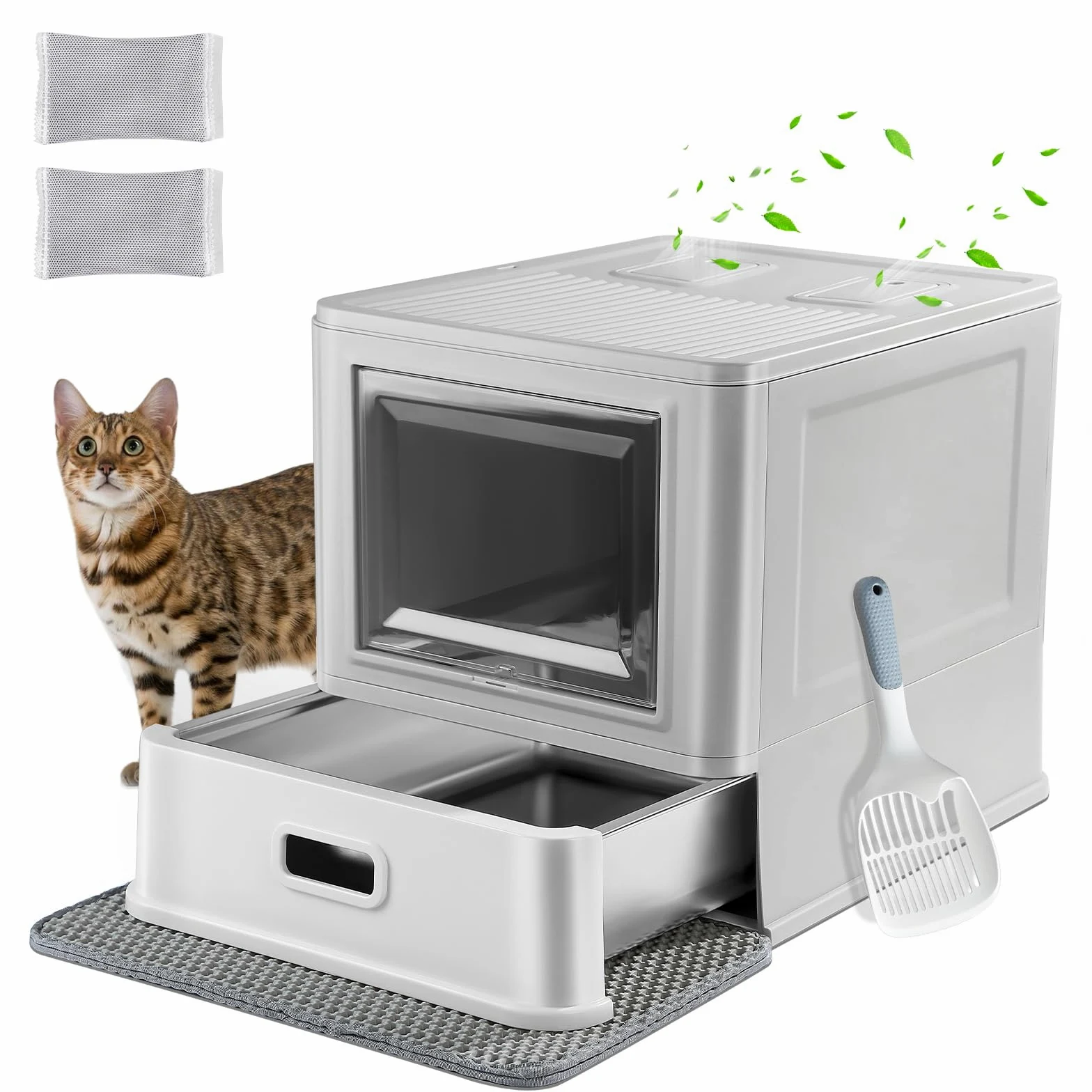 Marchul Katzentoilette, Geschlossene Katzentoilette aus Edelstahl mit Deckel und Schublade, für Wohnungskatzen, Lamellen Gegen Auslaufen, mit Schaufel und Matte, Geruchsfrei, Mit verbesserter Basis