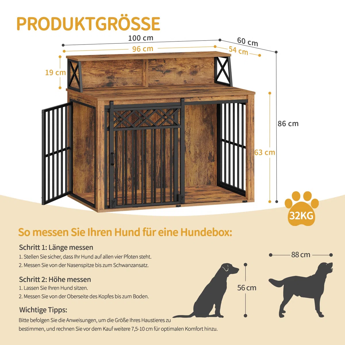 Hzuaneri Hundekäfig Möbel mit Lagerregal, Dreitürige Hundebox für Zuhause, Indoor Kennel mit Scheunentür, Beistelltisch, Geeignet für Mittlere/Große Hunde, 100 x 60 x 86 cm, Vintage Braun DFC87401B