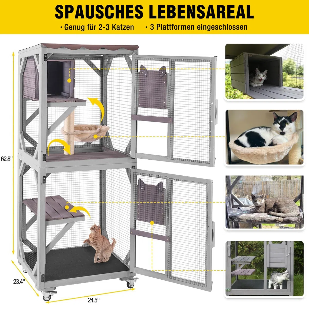 Aivituvin Katzengehege für Außenbereich, mobiles Katzenhaus Haustiergehege mit Rollen, ausgestattet mit Ruhebox, Hängematten und wasserfester Abdeckung (Grau, M)