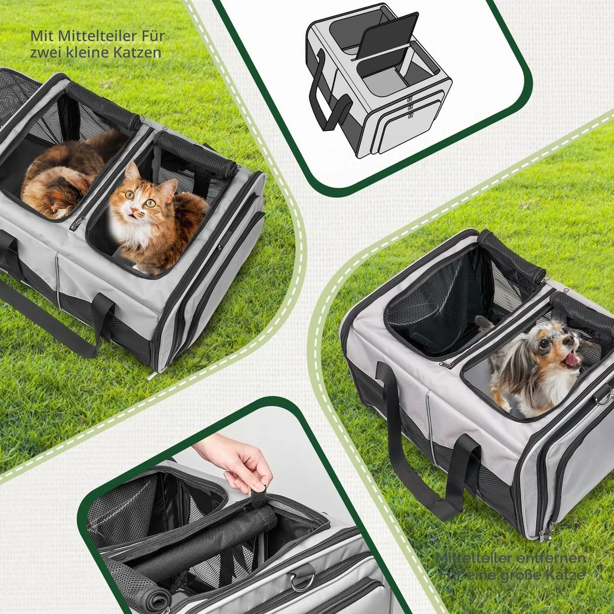 Katzentransportbox für 2 Katzen, Faltbar & Erweiterbar, Mit 2 Klappkatzenklos & Trennwand, Atmungsaktiv, Für Auto & Reise,Bis 7kg Belastbar, Grau