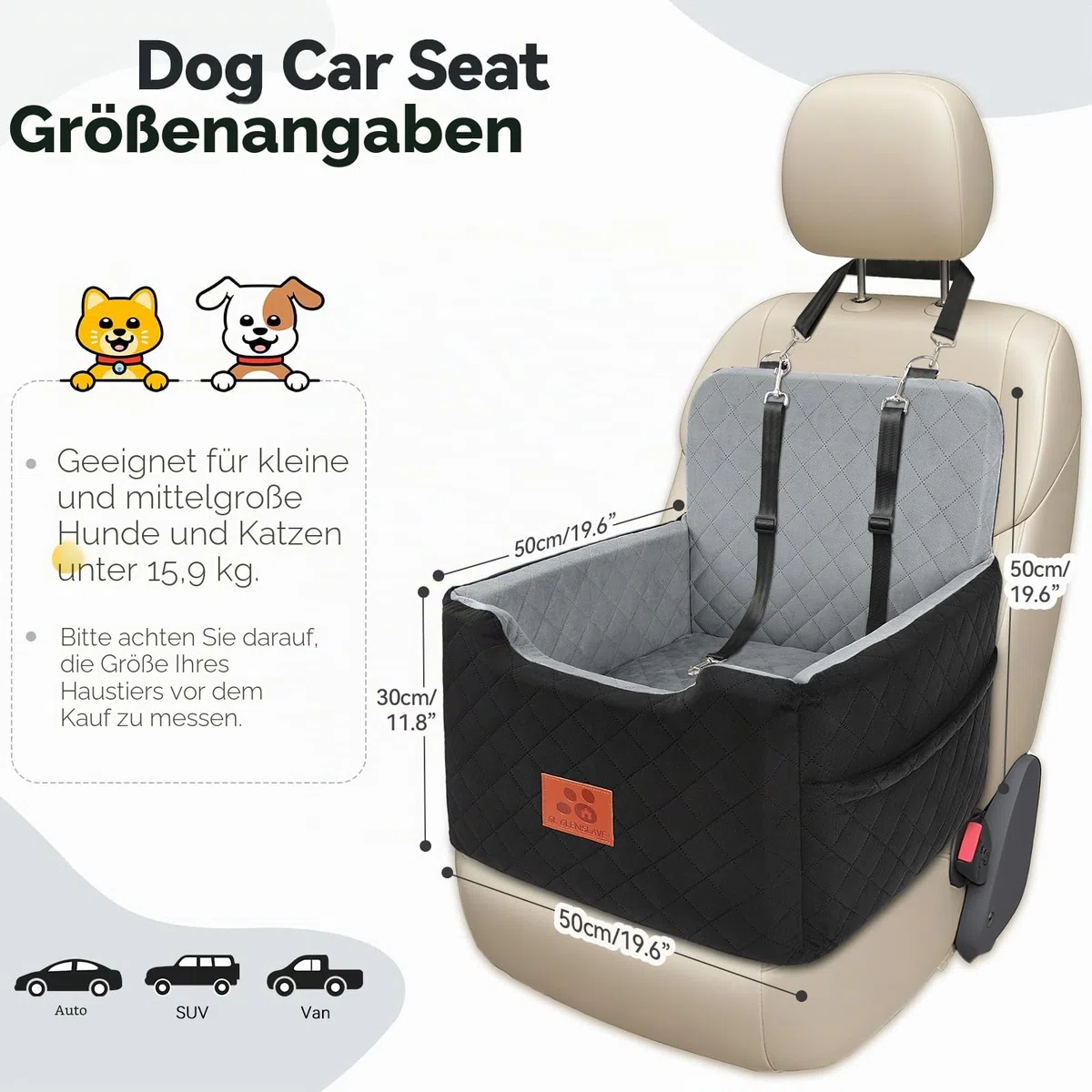 GL GLENSLAVE Autositz Hunde für kleine/mittlere Hunde unter 15 Kgs,Hunde Autositz,Abnehmbarer und waschbarer Haustier Autositz,Hundebett mit 2 Sicherheitsgurten(Schwarz/Grau)