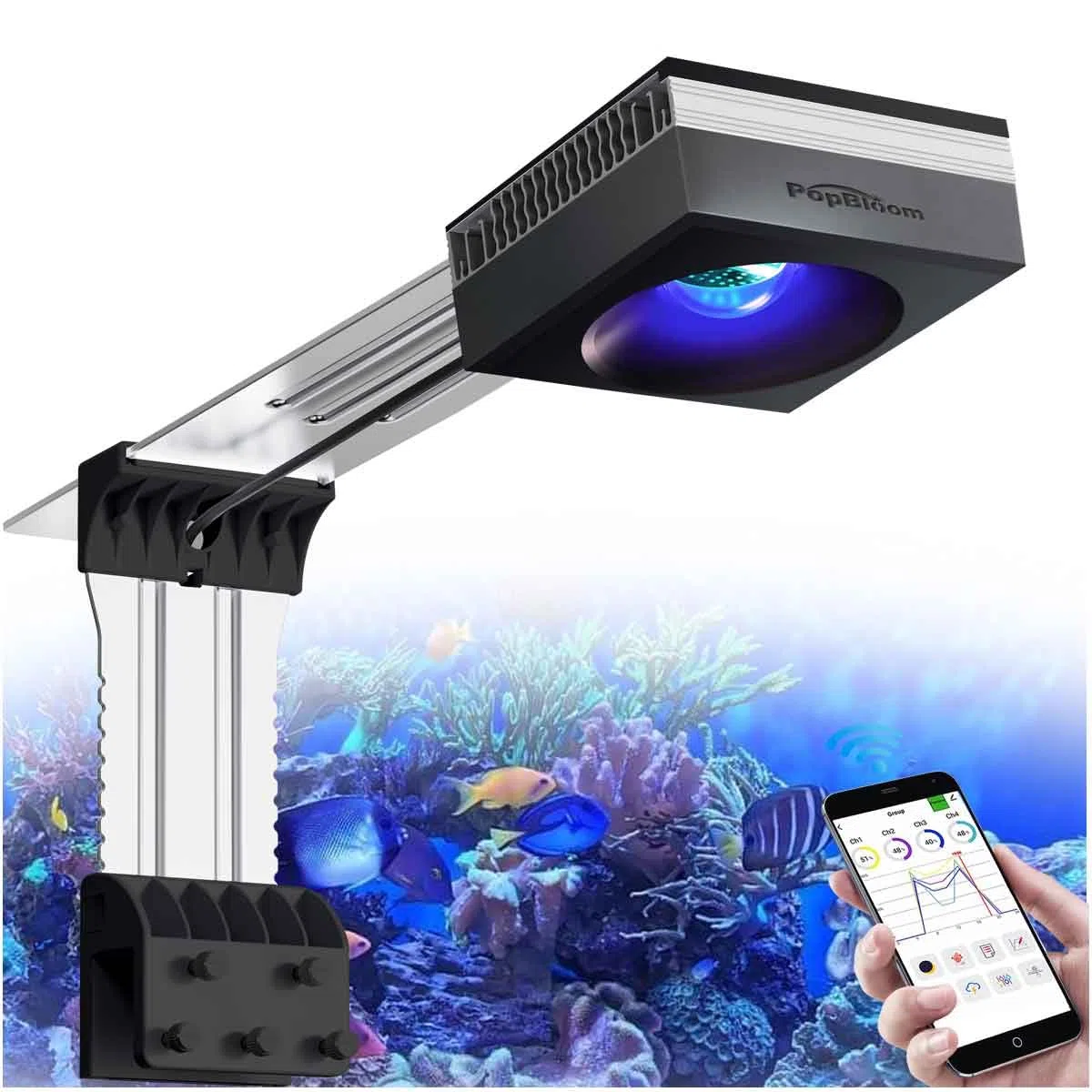 PopBloom RL90 WiFi Led Aquarium Beleuchtung 100W, Meerwasser Aquarium Led Volles Spectrum Lampe mit Timer für Reef Coral SPS/LPS Fischaquarium,APP unterstützt Deutsch (1 Lampe mit Montagearm-Kit)