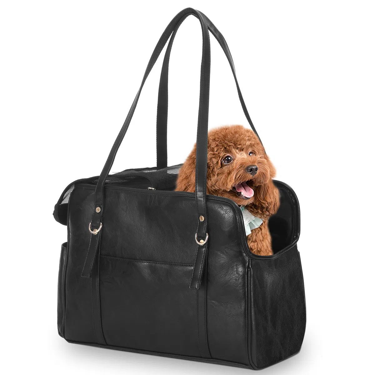 Lasaviin Hundetragetasche, modische Leder-Haustier-Tragetasche mit Taschen, von Fluggesellschaften zugelassen, weiche Seiten, für Welpen, Katzen, Hunde, Schwarz
