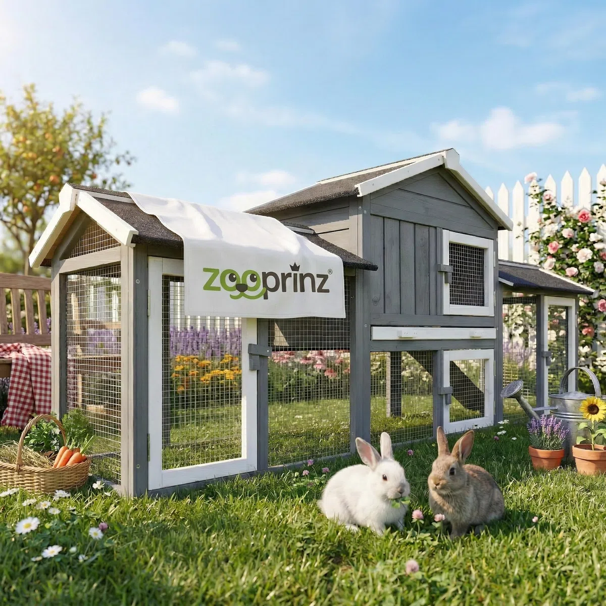 zooprinz großer & moderner Hasenstall, Kaninchenstall - aus massivem Vollholz ideal für draußen - Einfach zu reinigen Dank extra hoher Kotschublade - Kleintierstall mit natürlichen Farbe gestrichen