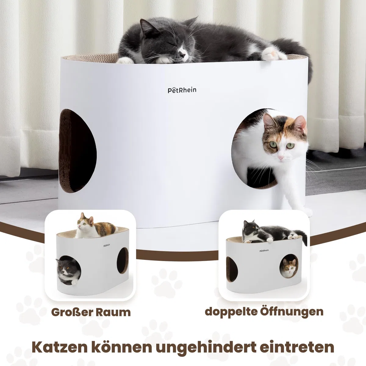 Kratzbrett für Katzen aus Kratzpappe,3-in-1 großes Katzenhöhle mit Kratzmatte & Katzenbett – 64 x 35 x 36 cm– Stabiles Kratzpappe, Minimalistisches Kratzmöbel für Katzen