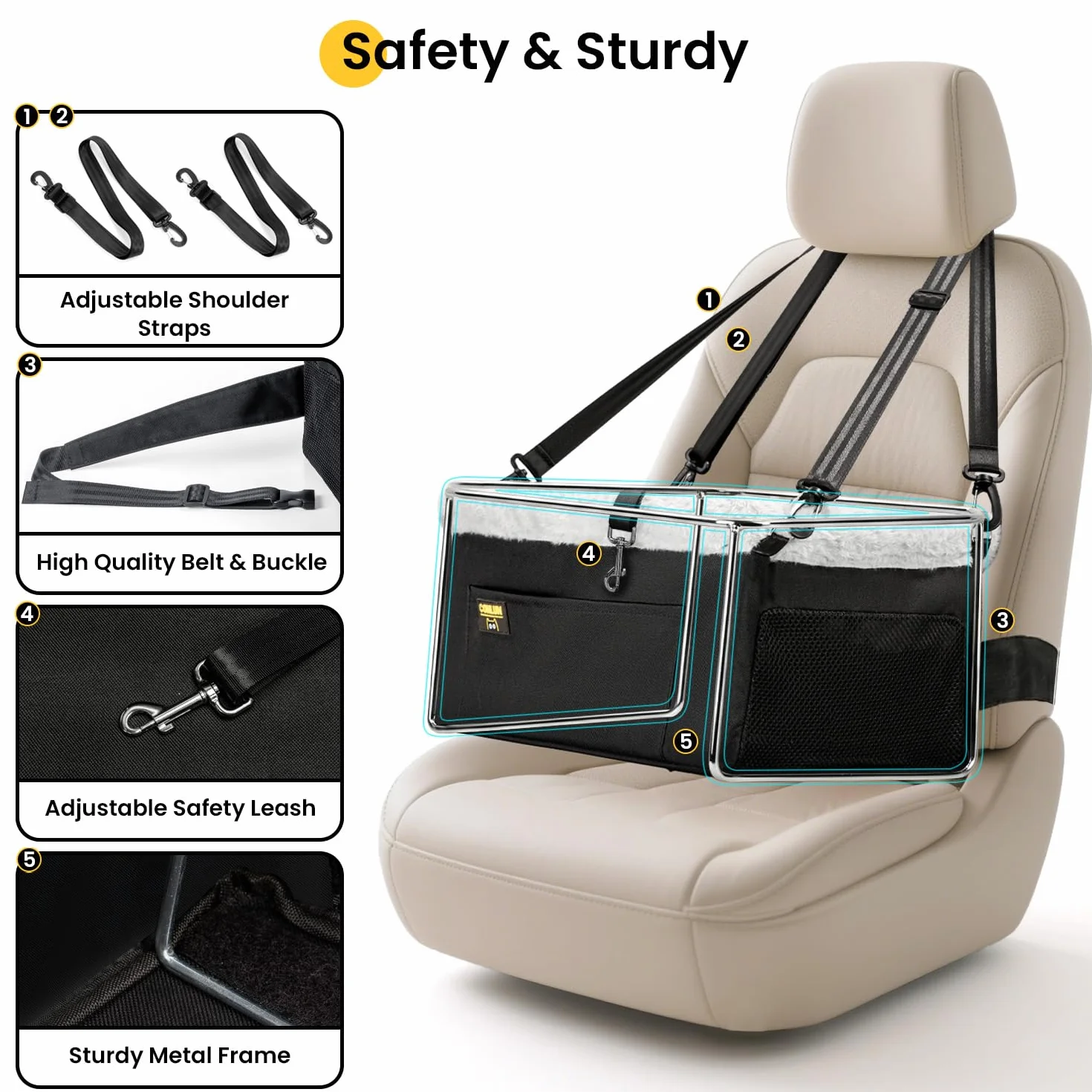 Conlun Hunde Autositz für Kleine Hunde bis 9kg - Stabiler Hundesitz Auto mit Stahlrahmen & Fronttasche - Faltbarer Hundekorb Auto mit Sicherheitsleine & Waschbarer Einlage (40x33x22cm)