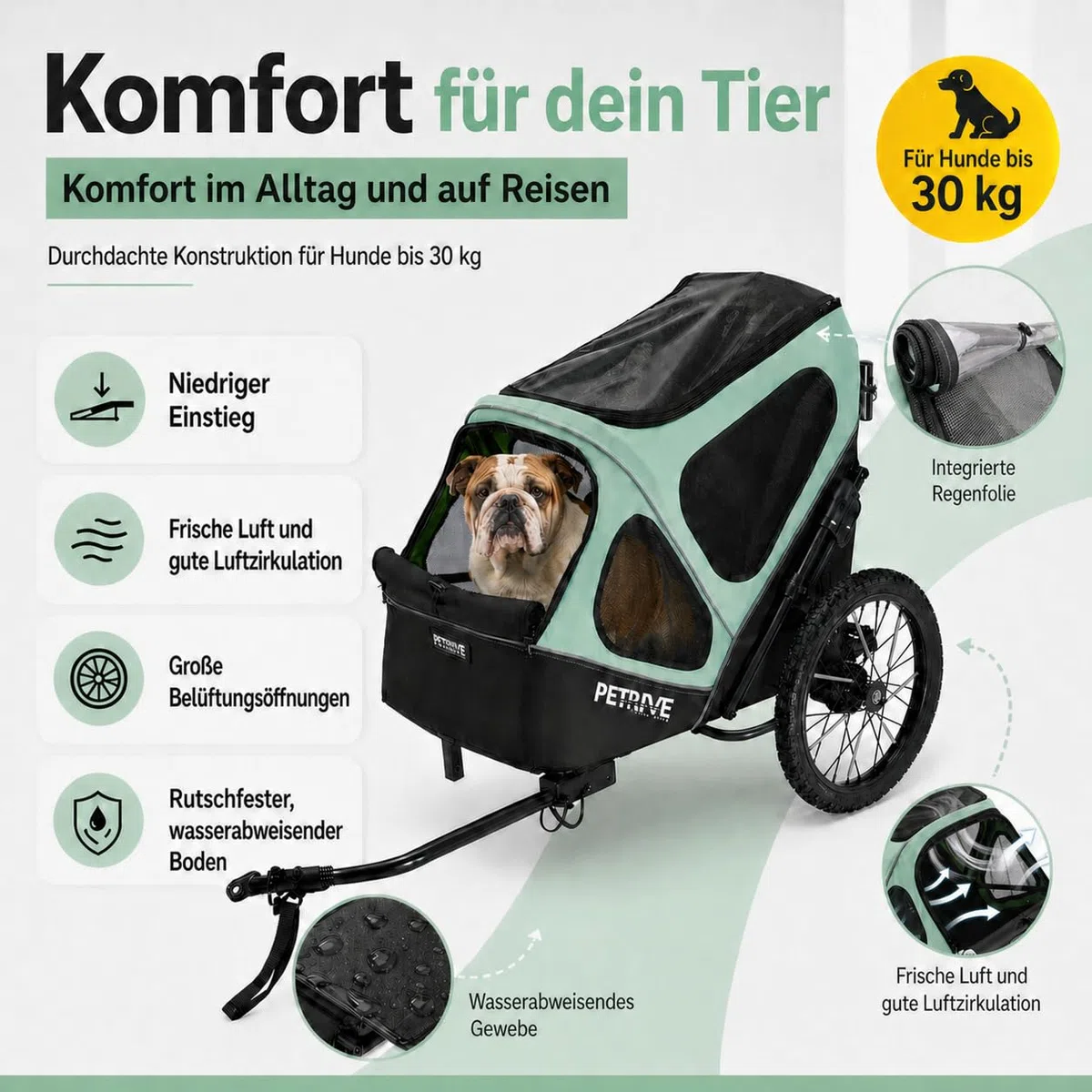 4-in-1 Fahrradanhänger für Hunde, Hundewagen, großer Transporter bis 30 kg, PETRIVE (Hellgrün)