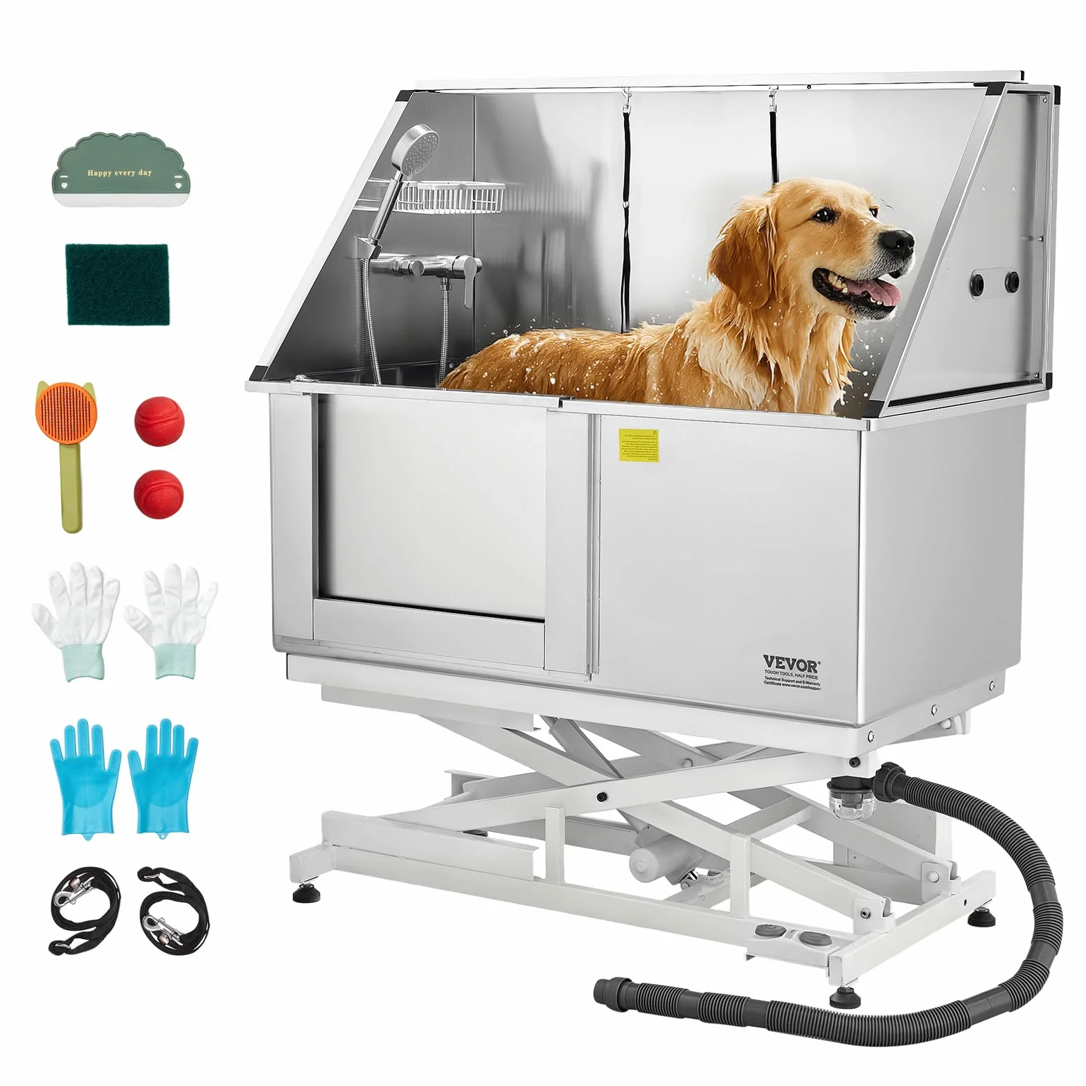 VEVOR Elektrische Hundewaschstation mit Hebefunktion, 127 cm Tierpflegewanne mit PE-Wasserfilterplatte, Wasserhahn & Duschkopf, Hundebadewanne, Waschbecken für mehrere Haustiere (Linke Tür)