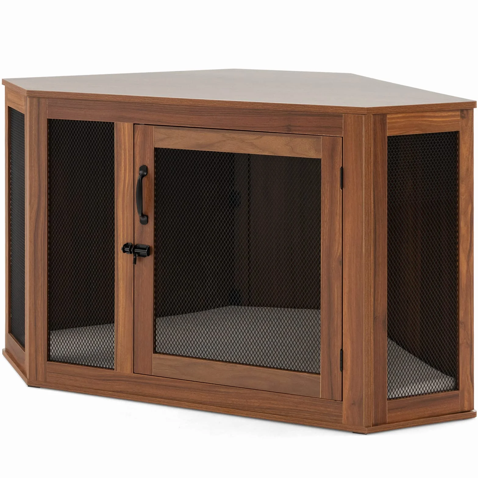 COSTWAY Hundehütte Eck, Hundebox mit Tür & Kissen, Haustierkiste Möbelstil für kleine Hunde Katze Haustier, Tierkäfig Hundekäfig Hundehaus Haustierhaus Zuhause Innen, Braun, 114 x 60 x 68 cm