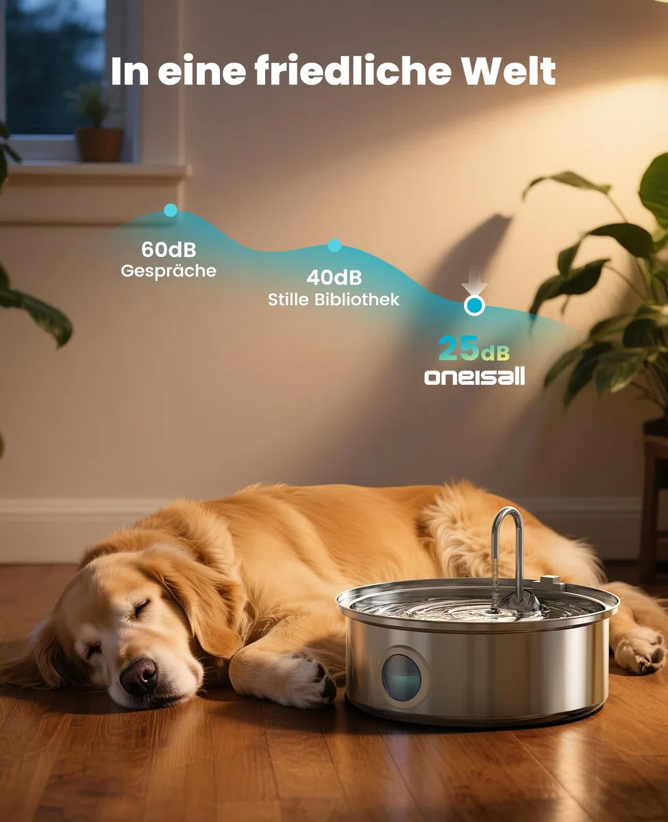 oneisall Trinkbrunnen für Hunde | 7L Hundetrinkbrunnen, Edelstahl mit großem Sichtfenster, LED-Licht, Ultraleise Pumpe mit Überlastschutz, 5-Schicht Filtration