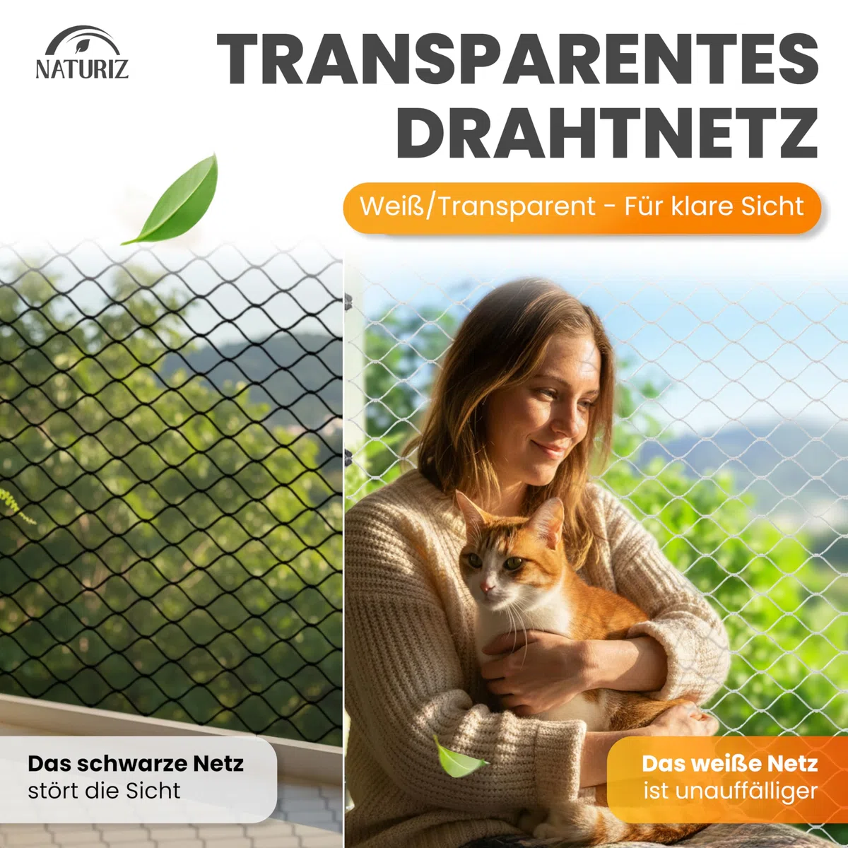 Naturiz® Katzennetz für Balkon ohne Bohren 3x4m - Katzennetz drahtverstärkt transparent/weiß, Katzengitter inkl. Klebehaken – Katzenschutznetz für Balkon & Fenster, Balkonnetz für Katzen (3x4m)