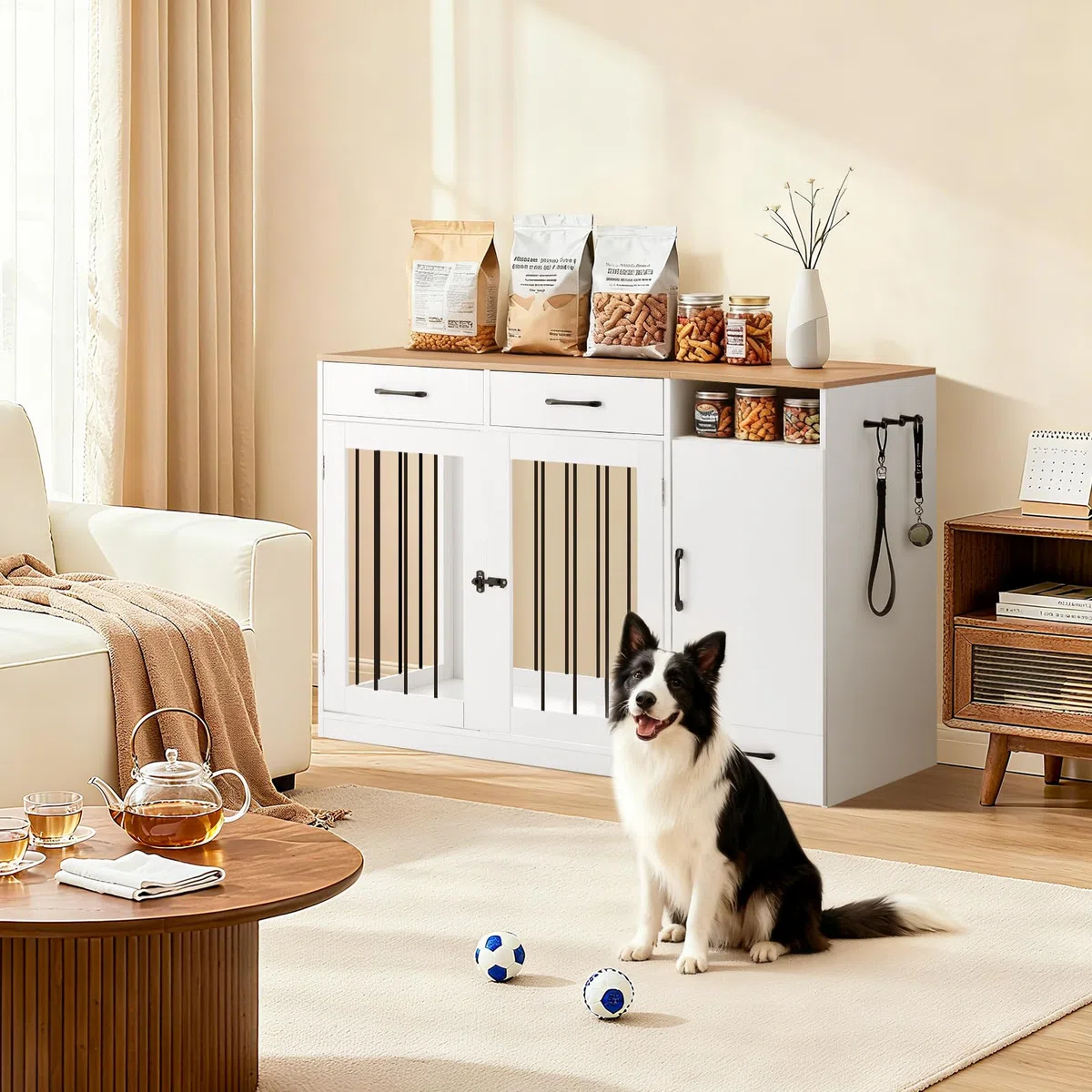 TUKAILAi Hundebox im Möbeldesign mit Futterstation, Robuster Hundekäfig mit Schubladen, Schrank und erhöhten Näpfen für kleine & mittlere Hunde