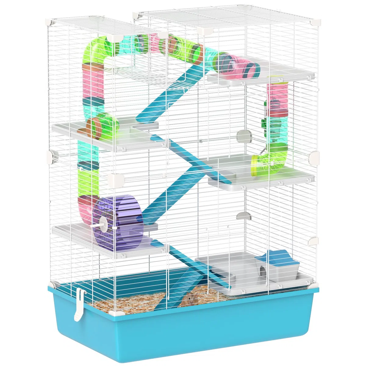 PawHut Hamsterkäfig 6 Etagen Nagerkäfig Kleintierkäfig aus Metallgitter mit Röhren, Tunnels, Hütte, Laufrad, Futterschale, Wasserflasche, Rampen, für Zwerghamster, Gerbils, 58 x 36 x 81 cm Hellblau