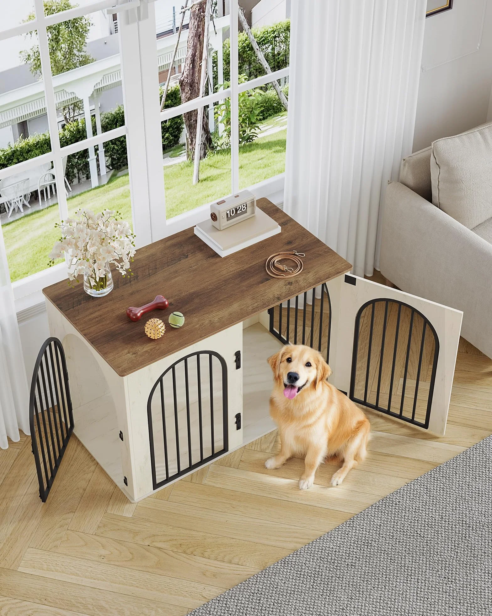 Hzuaneri Hundekäfig Möbel, 108 cm Hundebox für Zuhause, 3 Türen, Bogentür, Moderne Hundebox Indoor für Hunde, Beistelltisch, Hundekäfig Hochbelastbar, 108 x 64 x 76 cm, Weiß Braun DFC86014B