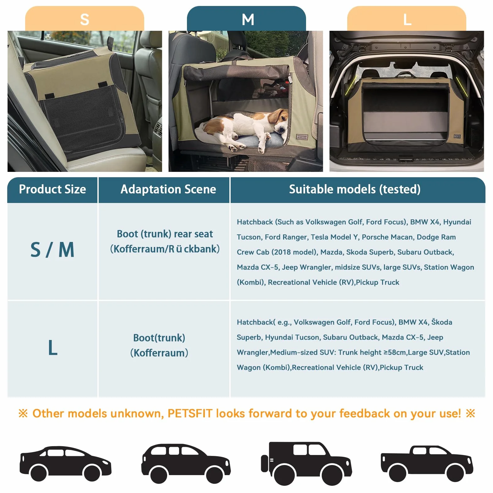 PETSFIT Hundebox Auto, Hundebox faltbar Kofferraum/Rückbank,Verstellbarer Bezug & verstärktes Netz, Hundetransportbox Auto mit Abschließbarer Reißverschluss-Grau S