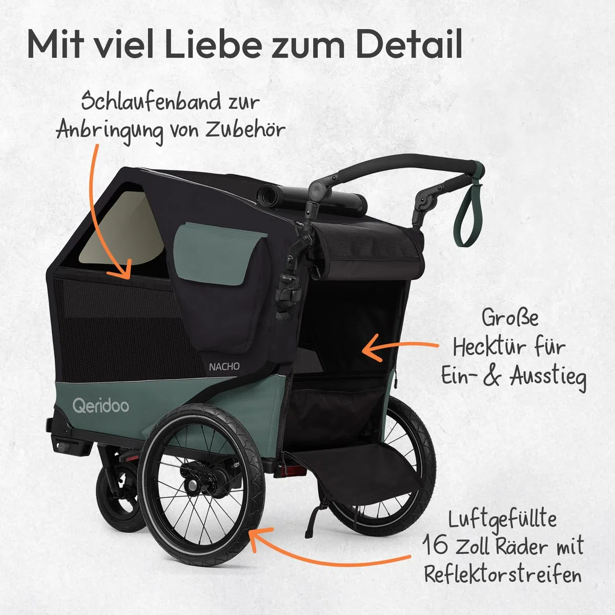Qeridoo Nacho | Hundeanhänger für Fahrrad | Comfort für den Vierbeiner | Fahrradanhänger Hunde mit Buggy-Funktion | Hundefahrradanhänger mit Federung, Hundebett | Hundeanhänger | Bis 35 kg