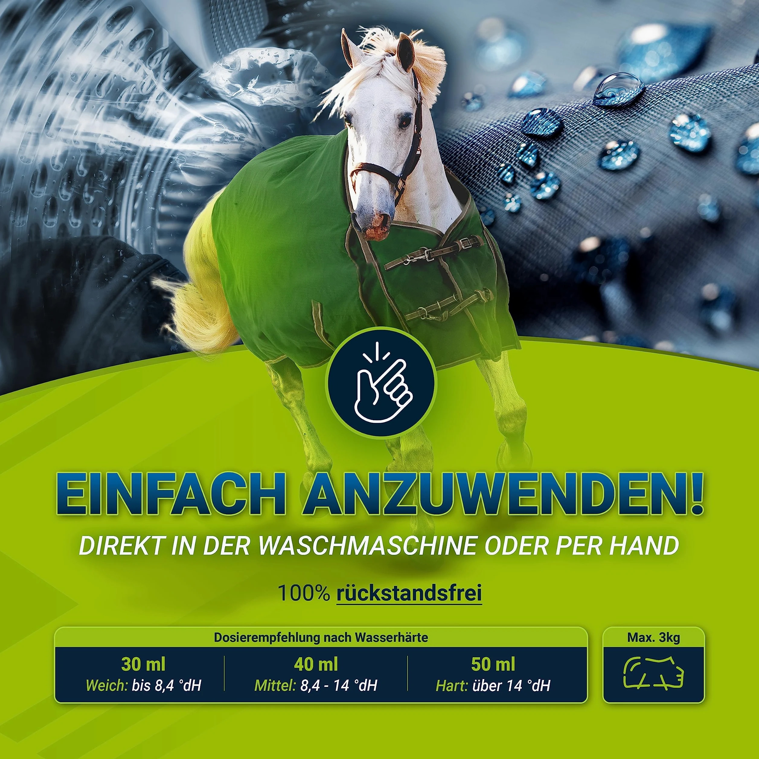 Pferdedecken Waschmittel als Vorbereitung für wirkungsvolle Imprägnierung I erneuert Atmungsaktivität, Effektiv gegen Schmutz für Sattelunterlagen, Synthetik & Baumwollendecken, OEKO
