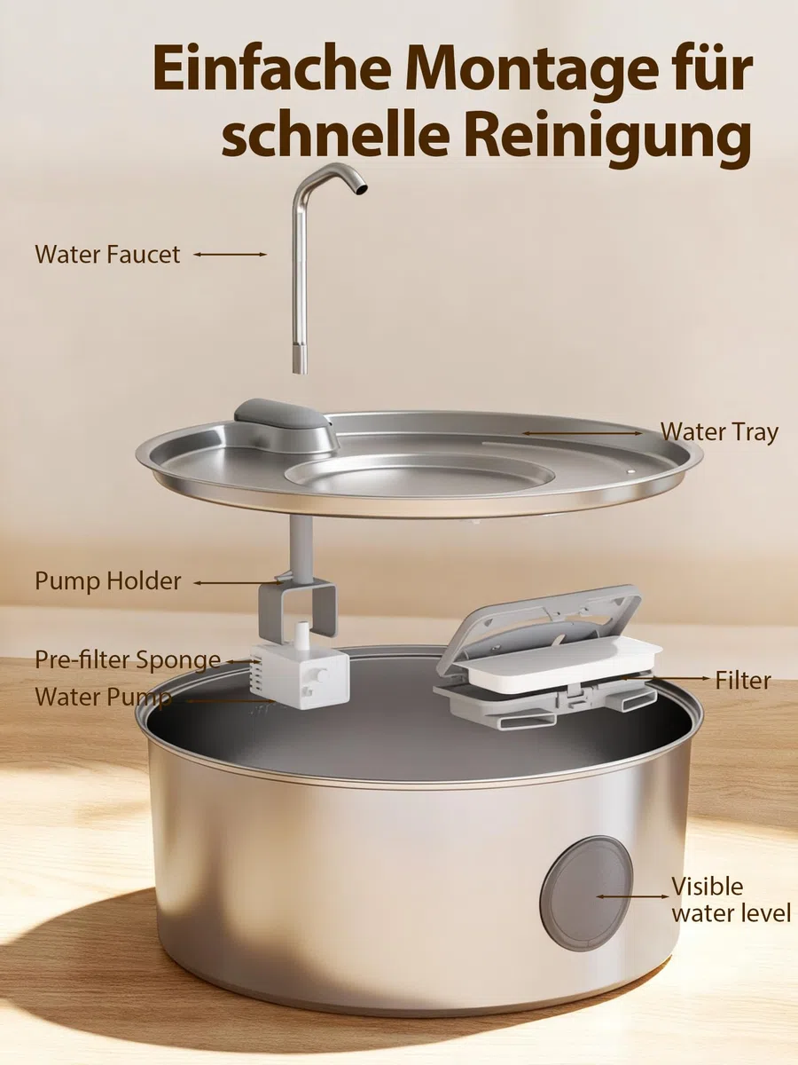 Kittyspout 8L Hundebrunnen aus 304 Edelstahl, leise Pumpe, Trinkbrunnen mit Sichtfenster und LED, ideal für große Hunde und Mehrtierhaushalte
