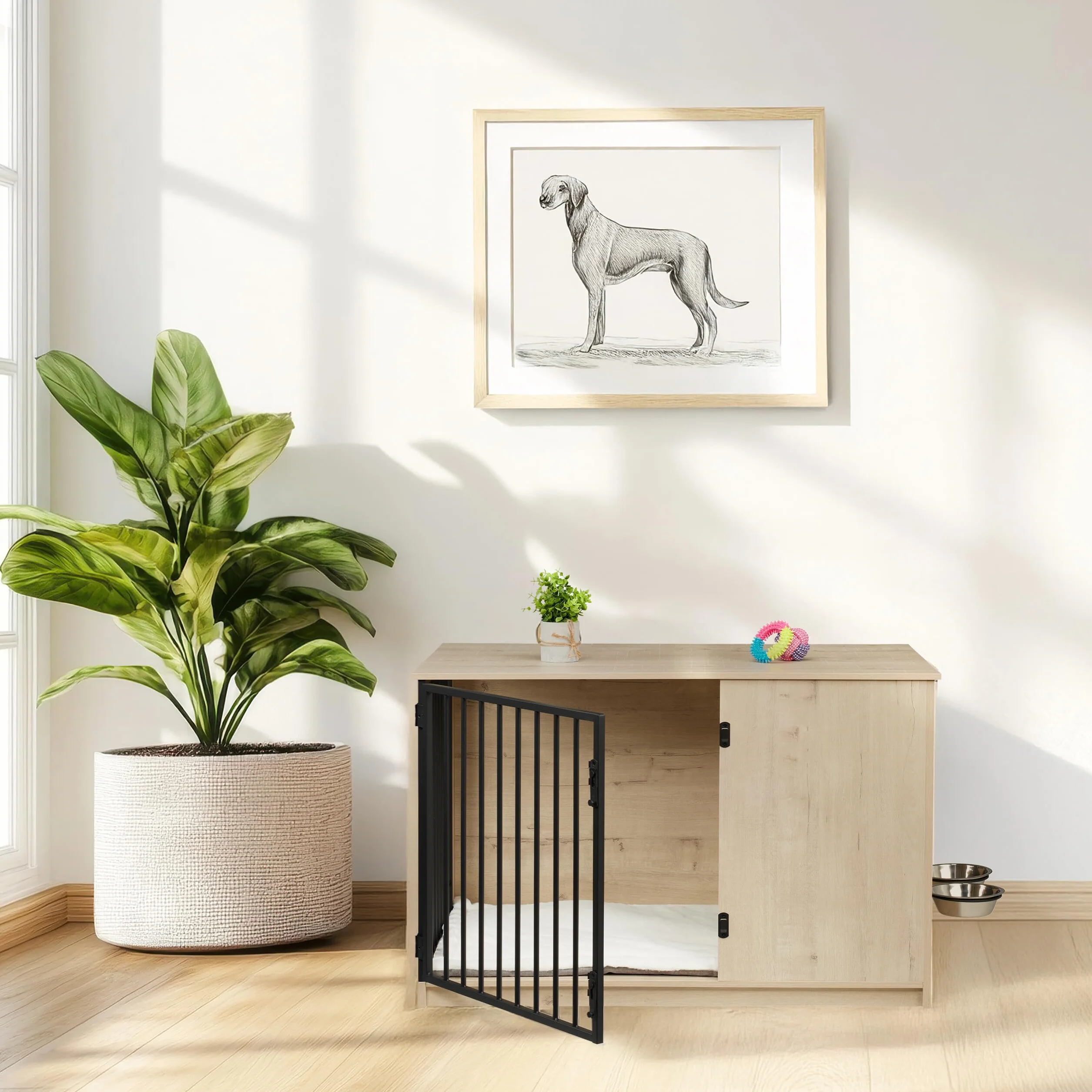 Relaxdays Hundekäfig, für Zuhause, HBT: 65,5x102x60 cm, Hundemöbel, 2 drehbare Näpfe, Hundebox, MDF & Stahl, weiß/braun