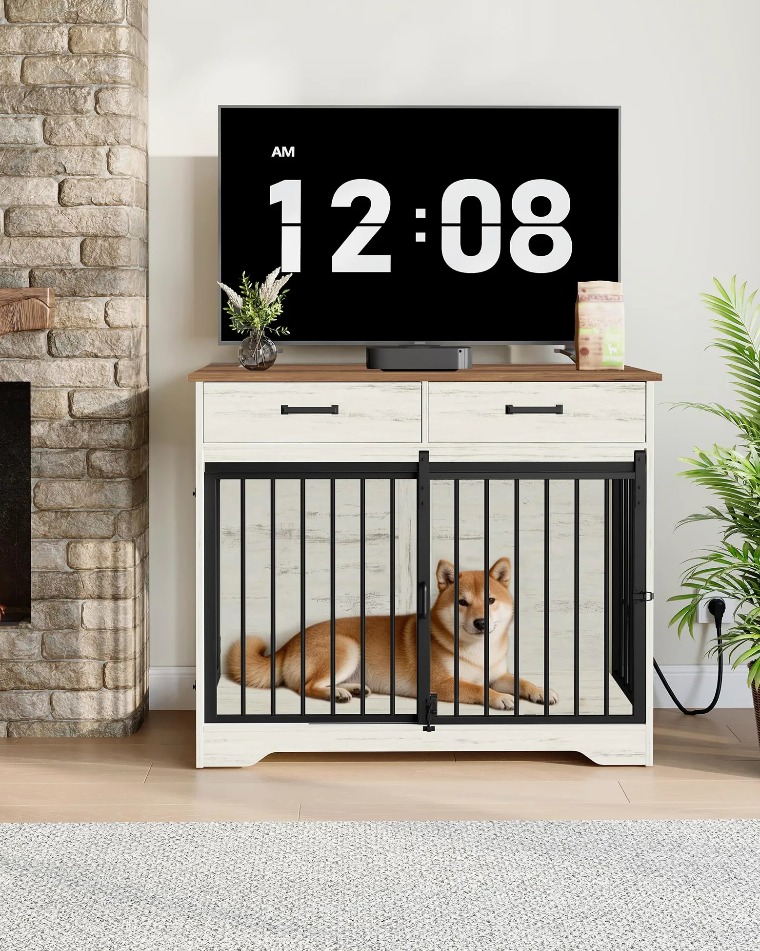Hzuaneri Hundekäfig Möbel mit Steckdose, Hundebox für Zuhause mit Schiebetür im Scheunentür-Stil & 2 Schubladen, 3-Türen Sideboard für Mittel/Große Hunde, 97 x 56 x 81 cm, Weiß Braun DFC90314BEU