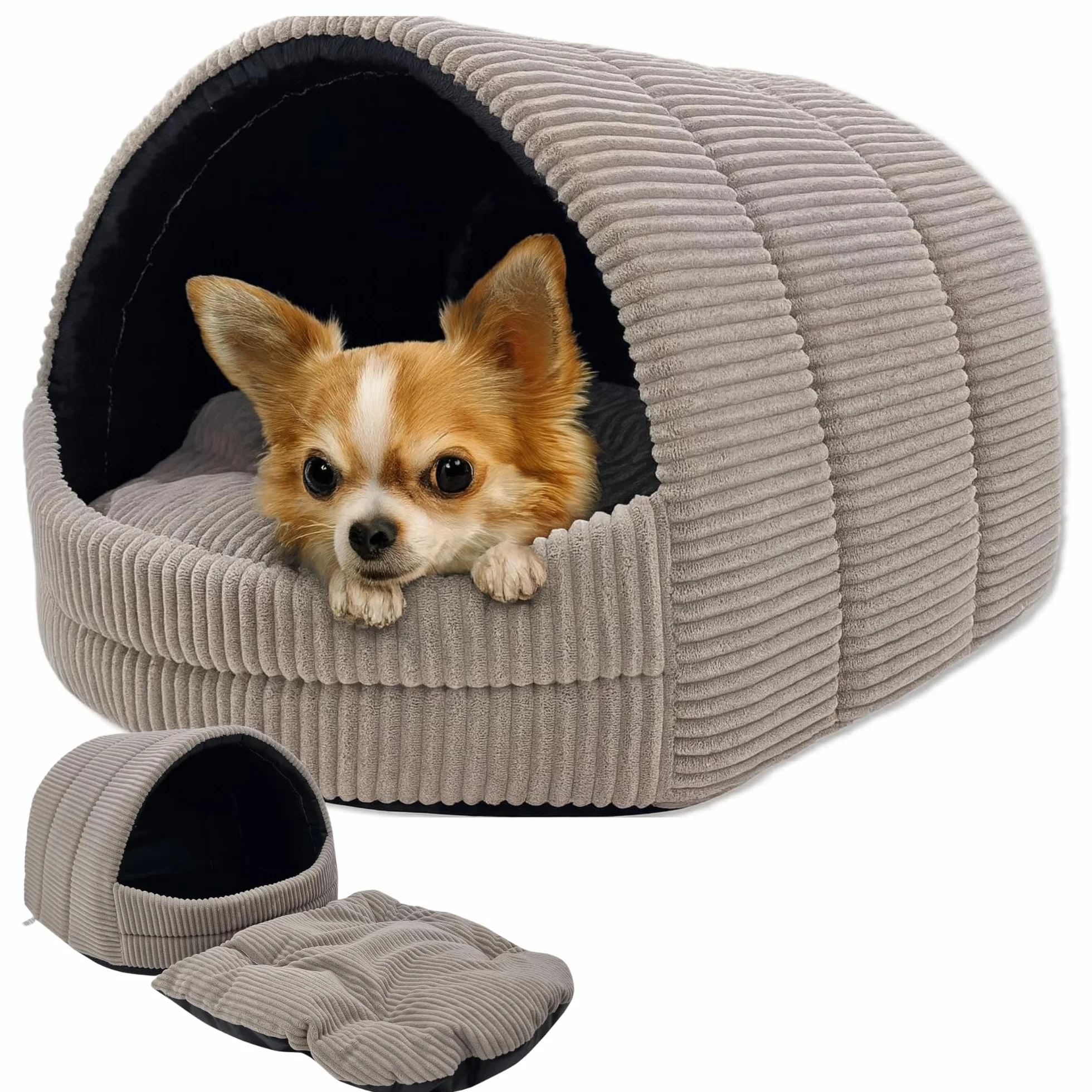 ODOLPLUSZ Hundehütte Hundehöhle Exklusives Haus Hund oder Katze | 2 Größen Komfortabel und Waschbar (Beige aus Cord, M)
