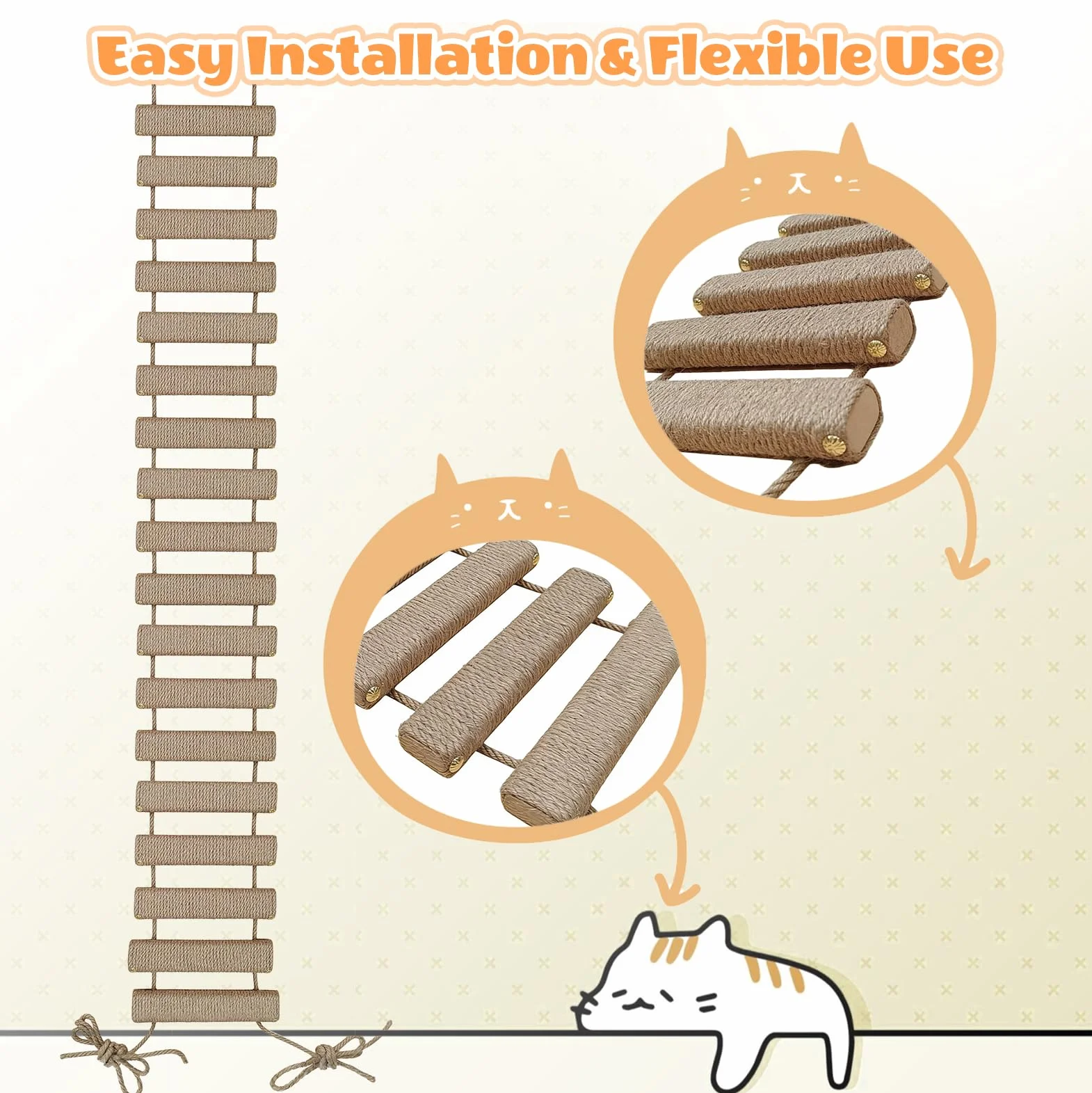Katzenleiter 150 cm, Katzenleiterbrücke aus Holz & Sisalseil, Klettergerüst für Katzen, Aktivitätskratzbaum, Hängematte, Katzentreppe für Wand, Haustiermöbel, Khaki