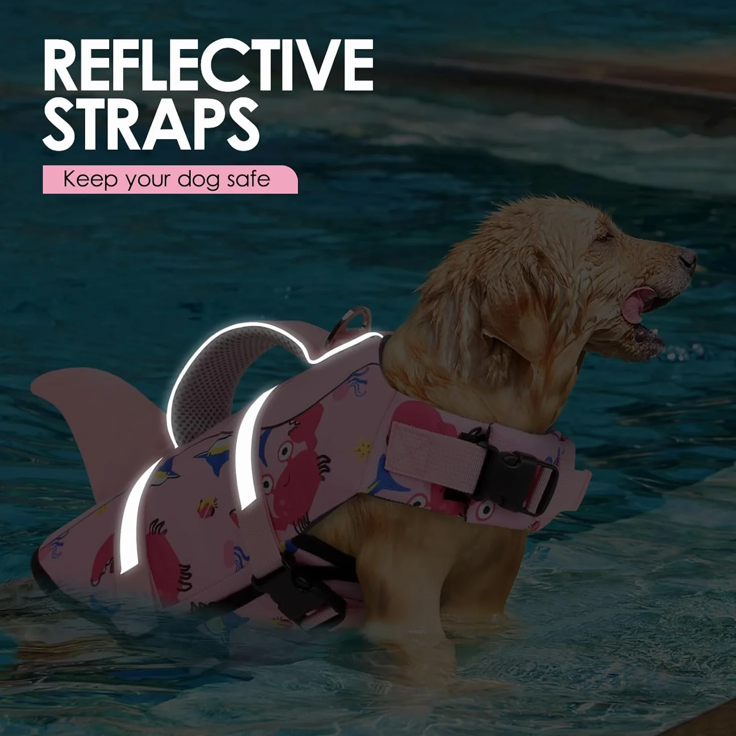 AOFITEE Hundeschwimmweste Große Hunde, Verstellbar & Ripstop Hunde Schwimmweste Hai mit Rettungsgrif und Reflektierend, Hoher Schwimmfähigkeit Rettungsweste Hund Schwimmweste Labrador, Pink, L