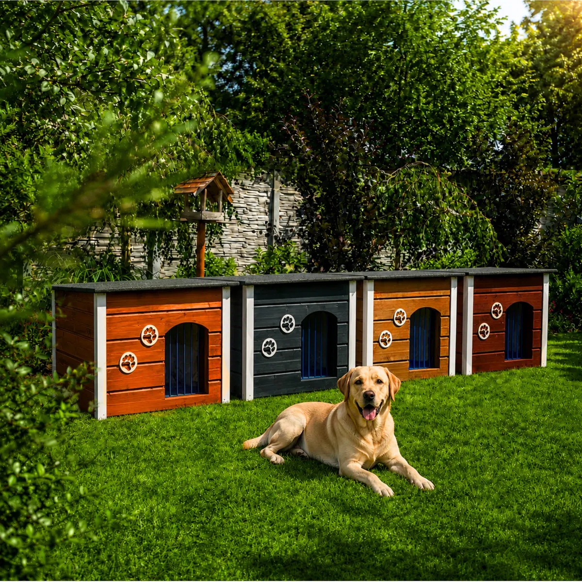 Outentin Hundehütte Outdoor Winterfest - Hundehaus für Große Hund - Isoliert und Wetterfest - Hunde Haus für Draußen mit zum Öffnen Flachdach - Stabile und Moderne Villa - 105 x 71 x 64cm - Teak