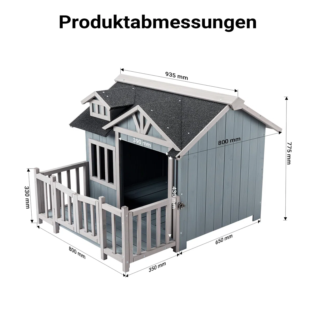Wiltec Luxus XL Hundehütte 93,5 x 77,5 x 70 cm, grau weiß, Hundehaus aus Holz mit Veranda, Hundehöhle Outdoor für Balkon Garten Terrasse