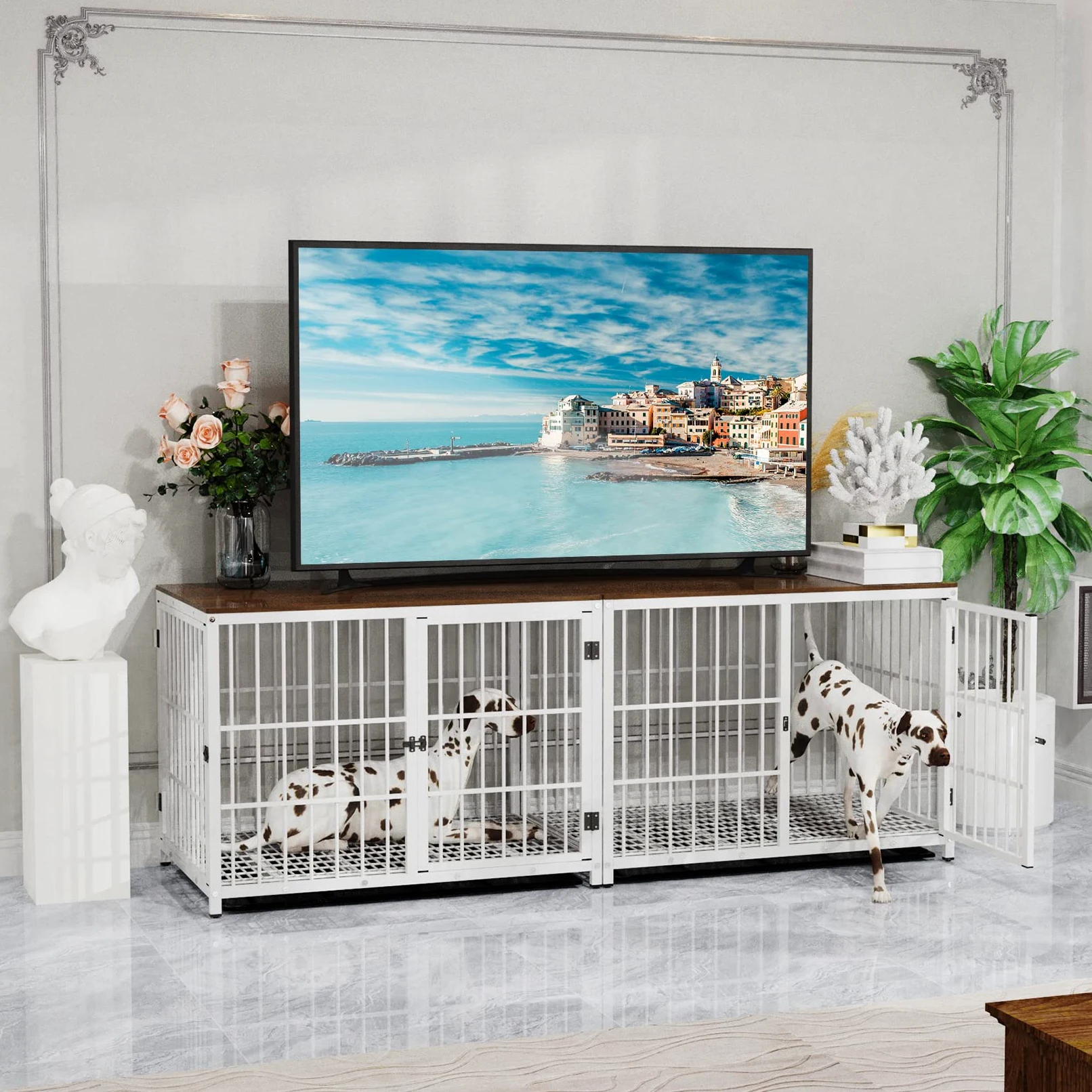 BingoPaw Hundekäfig Möbel XL Hundebox für Zuhause, Modern Hundehütte Indoor mit 3 Türen und abnehmbarem Tablett, Multifunktional Hundeschrank Beistelltisch TV Schrank Tierkäfig, 107x71x81 cm Weiß