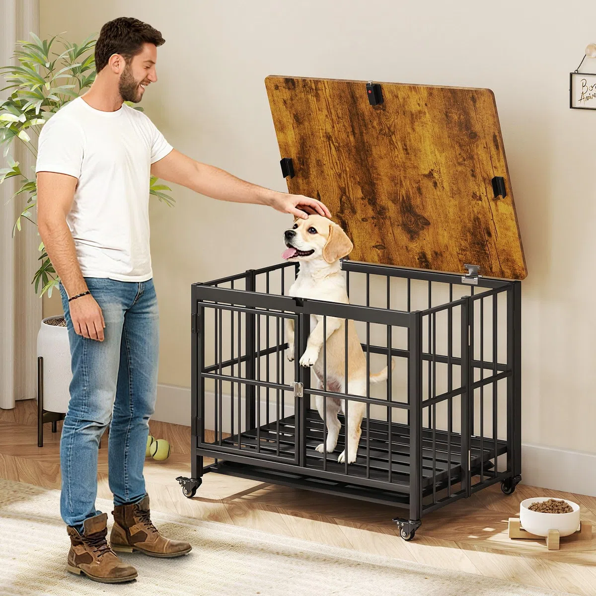 COSTWAY Hundekäfig Möbel, klappbar, Hundehütte mit Rollen, herausnehmbarem Tablett & abschließbarer Tür, 2 in 1 Beistelltisch Hundebox Indoor, Tierkäfig Metall Holz, Vintagebraun (80 x 61 x 64 cm)