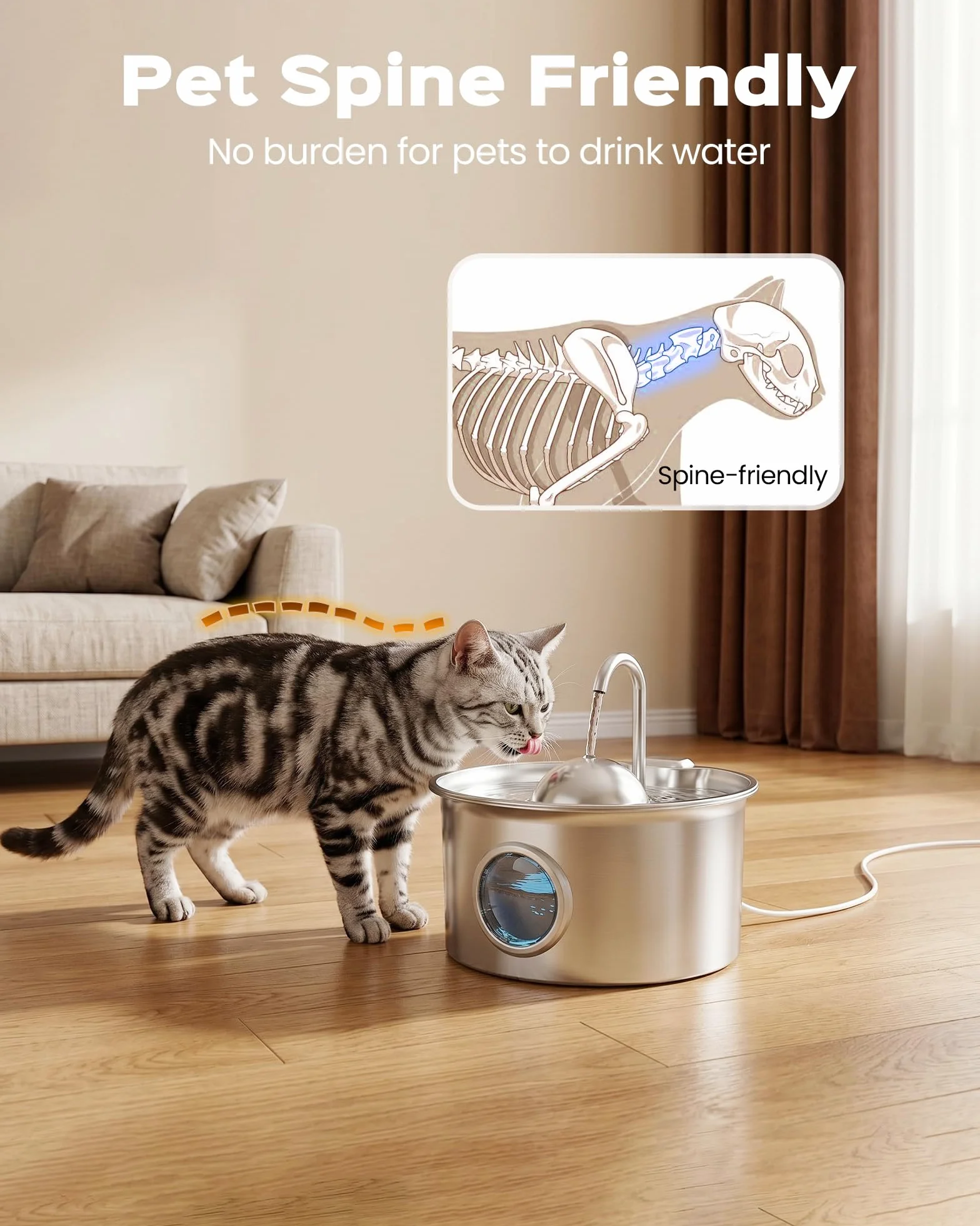 Katzenbrunnen Edelstahl Trinkbrunnen für Katze: Katzen Trinkbrunnen - 2.6L Wasserbrunnen für Katzen - Katzentrinkbrunnen für Hunde Automatisch mit Wasserstand Sichtfenster - Vierfaches Filtersystem