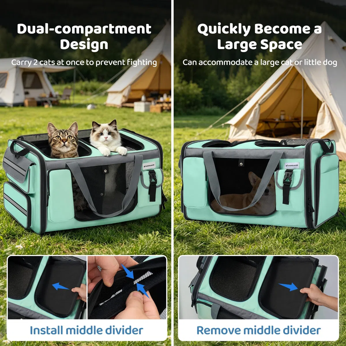 Odoland Katzentransportbox für 2 Katzen - Faltbar Erweiterbarer Transporttasche große Katze Welpen, atmungsaktiv Hundetragetasche mit Schultergurt & Katzenklo, Ideal für Reise, Auto - Grün