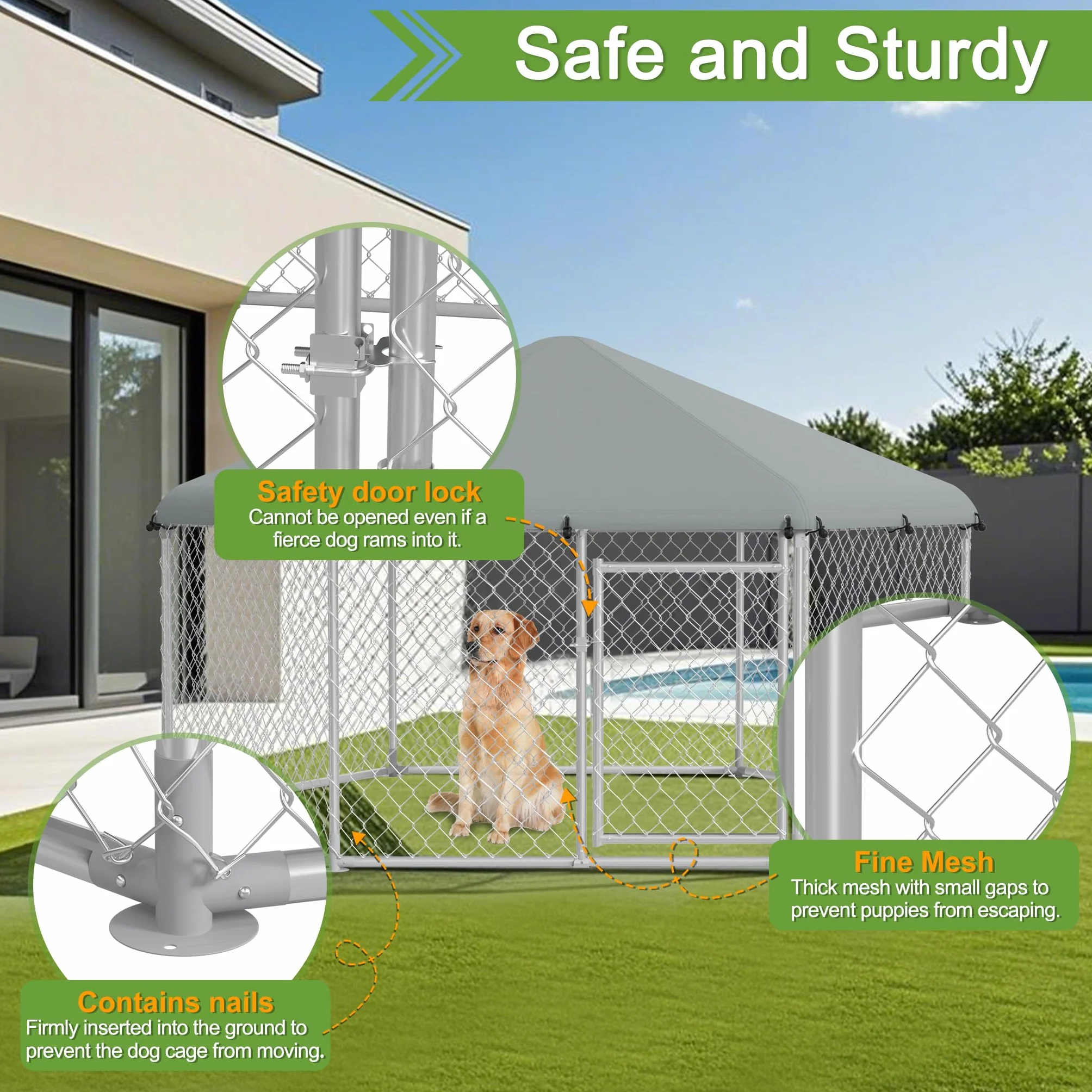 UISEBRT Hundezwinger Hundehütte Outdoor Hundehaus 280x250x165 cm UV- & Wasserdicht Hundekäfig mit Dach aus 420D Oxford-Gewebe Welpenlaufstall Verschließbares Riegelsystem und Sicheres Design