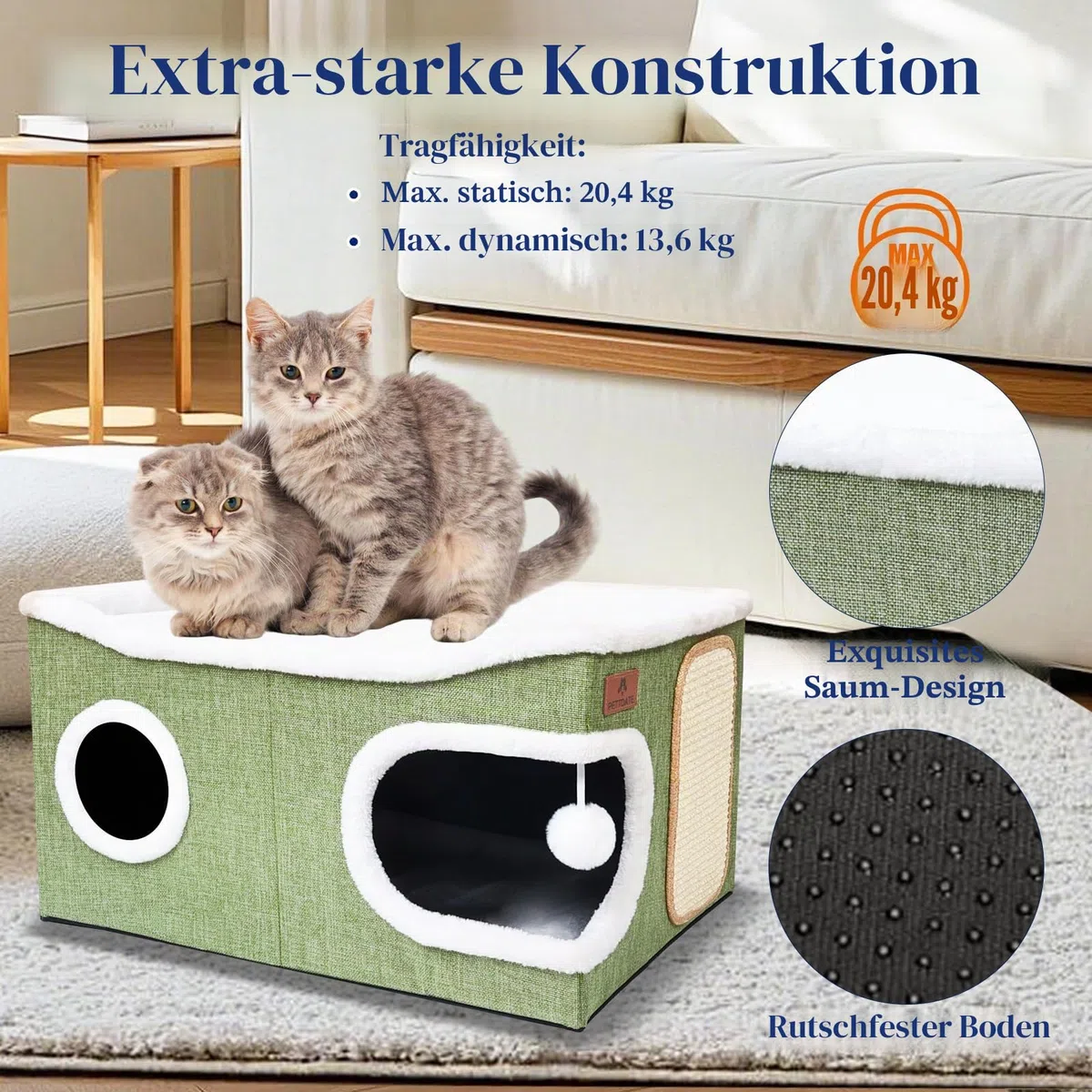 Extra Große Katzenhaus Indoor, 2-stöckige Kuschelhöhle mit Kratzbrett und Spielball, Katzenhöhle für Katzen, Ideal für Mehrere Kleine Haustiere und Große Kätzchen, Grün