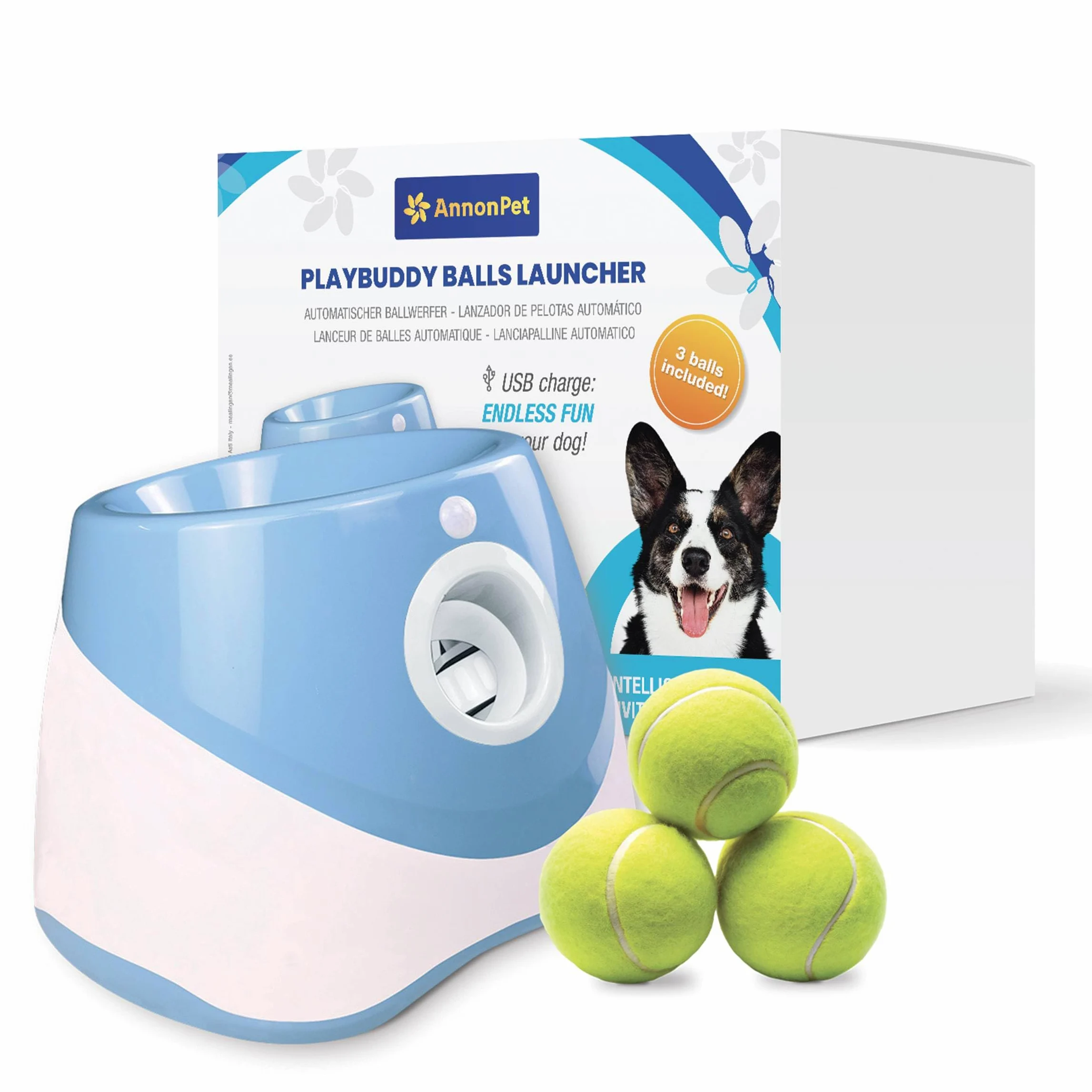 Automatische Bälle für Hunde mit einstellbaren Entfernungen 3/6/9 m, USB-Aufladung, Lithium-Akku 2200 mAh, inklusive 3 Tennisbällen – Spaß und Training für Ihren Hund