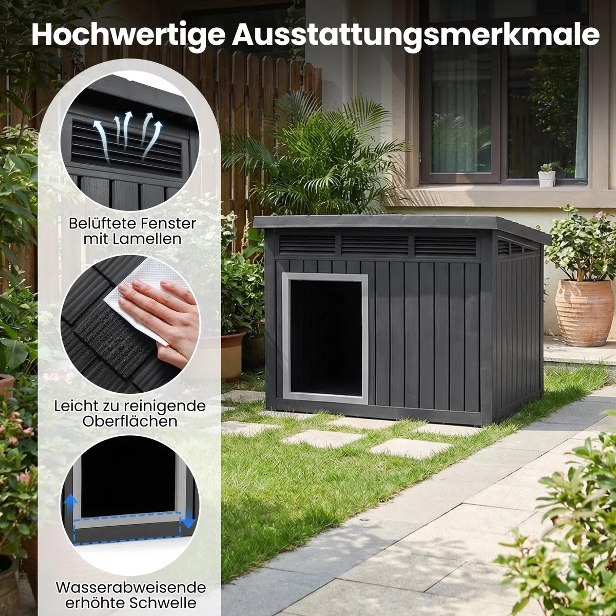 COSTWAY Hundehütte für Outdoor & Indoor, Hundehaus mit aufklappbarem Schrägdach, Entwässerungslöcher, Gasdruckfeder & Belüftungsöffnungen, Hunde Hütte für kleine & mittelgroße Hunde, 81 x 64 x 61 cm
