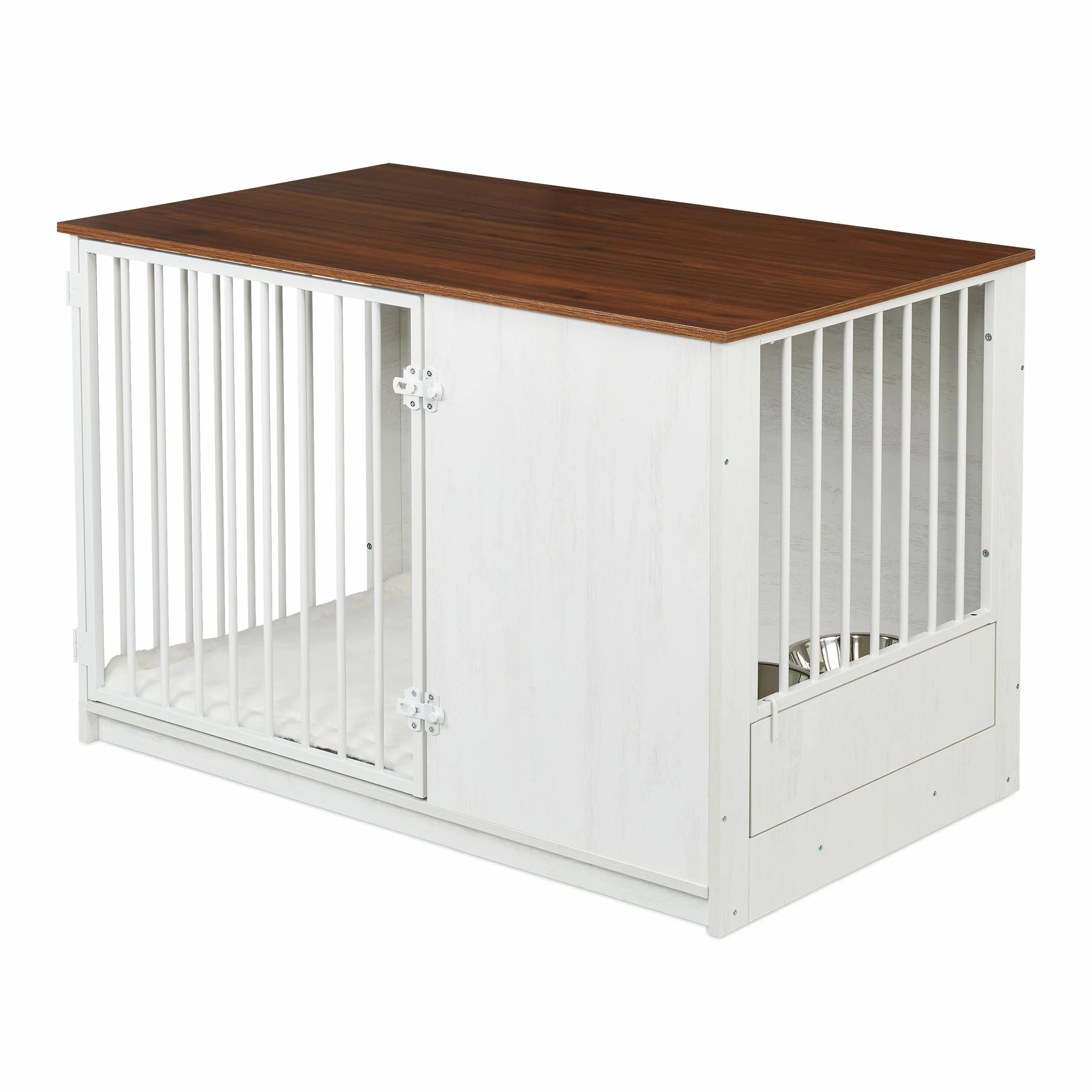 Relaxdays Hundekäfig, für Zuhause, HBT: 65,5x102x60 cm, Hundemöbel, 2 drehbare Näpfe, Hundebox, MDF & Stahl, weiß/braun