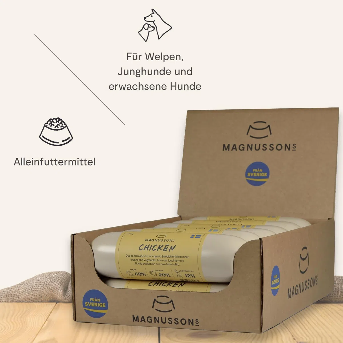 Magnussons Chicken Hundefutter Nassfutter | 12 x 650 g | Monoprotein Huhn | Welpen, Junghunde & Erwachsene Hunde | Alleinfuttermittel dampfgegart | Alle Rassen