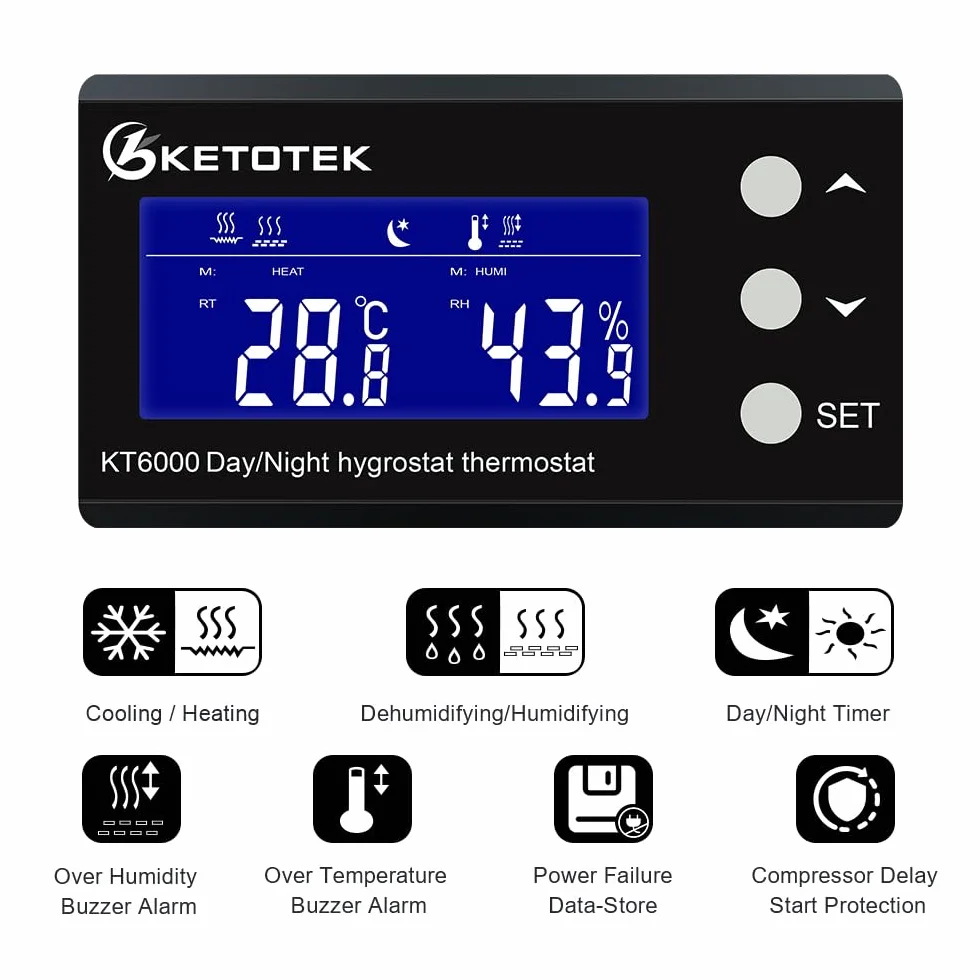 KETOTEK Thermostat Hygrostat Steckdose Digital mit Tag/Nacht Zeitschaltuhr, Temperaturregler Feuchtigkeitregler Steckdose mit Fühler 230V, Temperatur Feuchtigkeit Regler für Gewächshaus Terrarium
