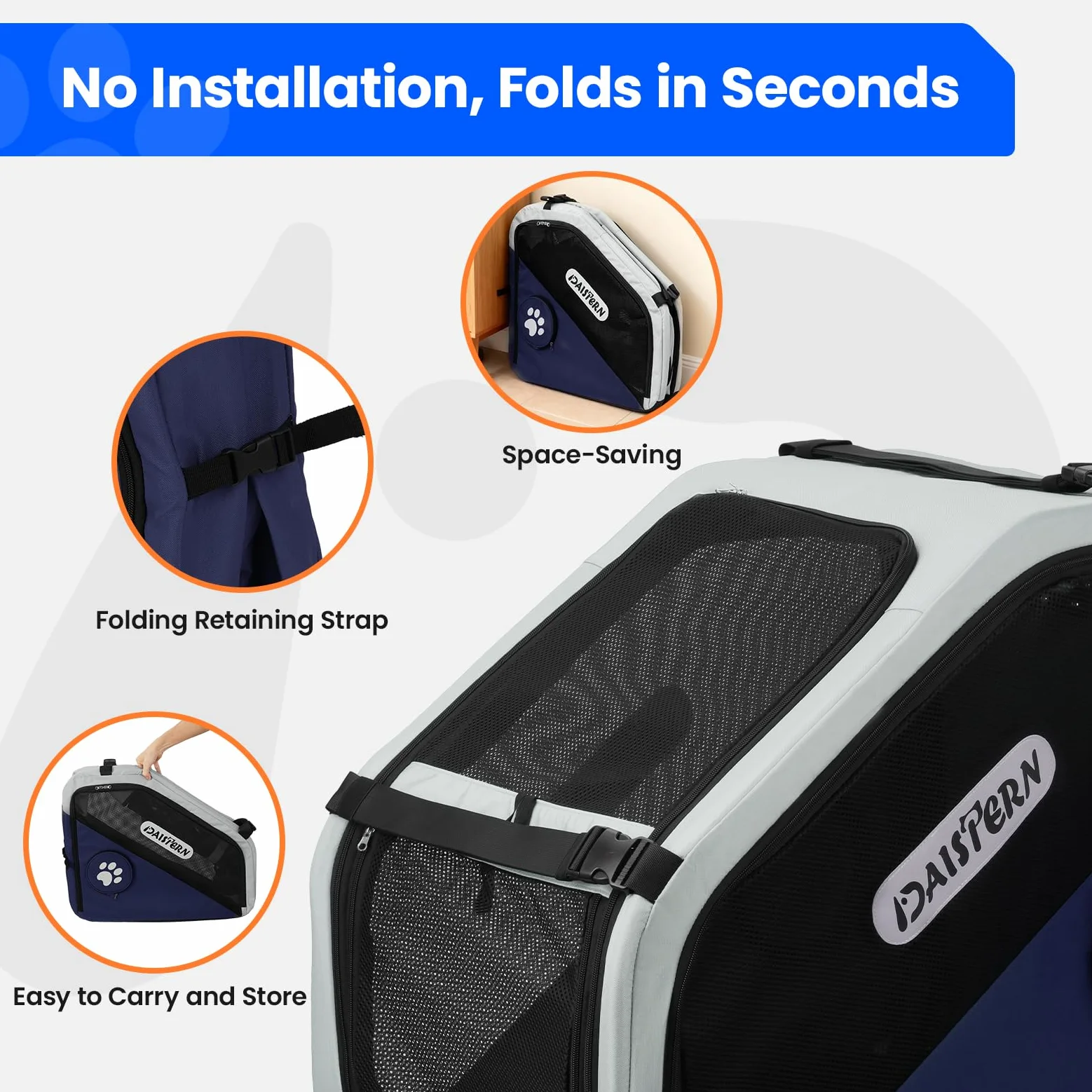 Faltbare Hunde Transportbox für Auto & Reisen, Tragbare Softbox für kleine & mittelgroße Hunde, 1-Minuten-Schnellfold, Robustes Metallgestell, Atmungsaktive Netzfenster & Komfortzugang, Blau