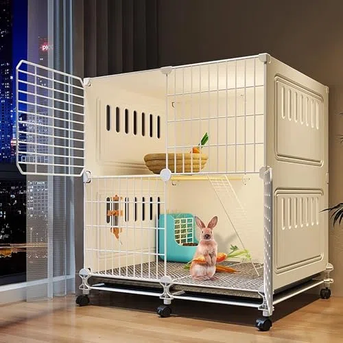 Kaninchenkäfig für den Innenbereich mit Rädern – 2-stöckiger Stall für kleine Haustiere | Einfache Montage & Belüftungsdesign